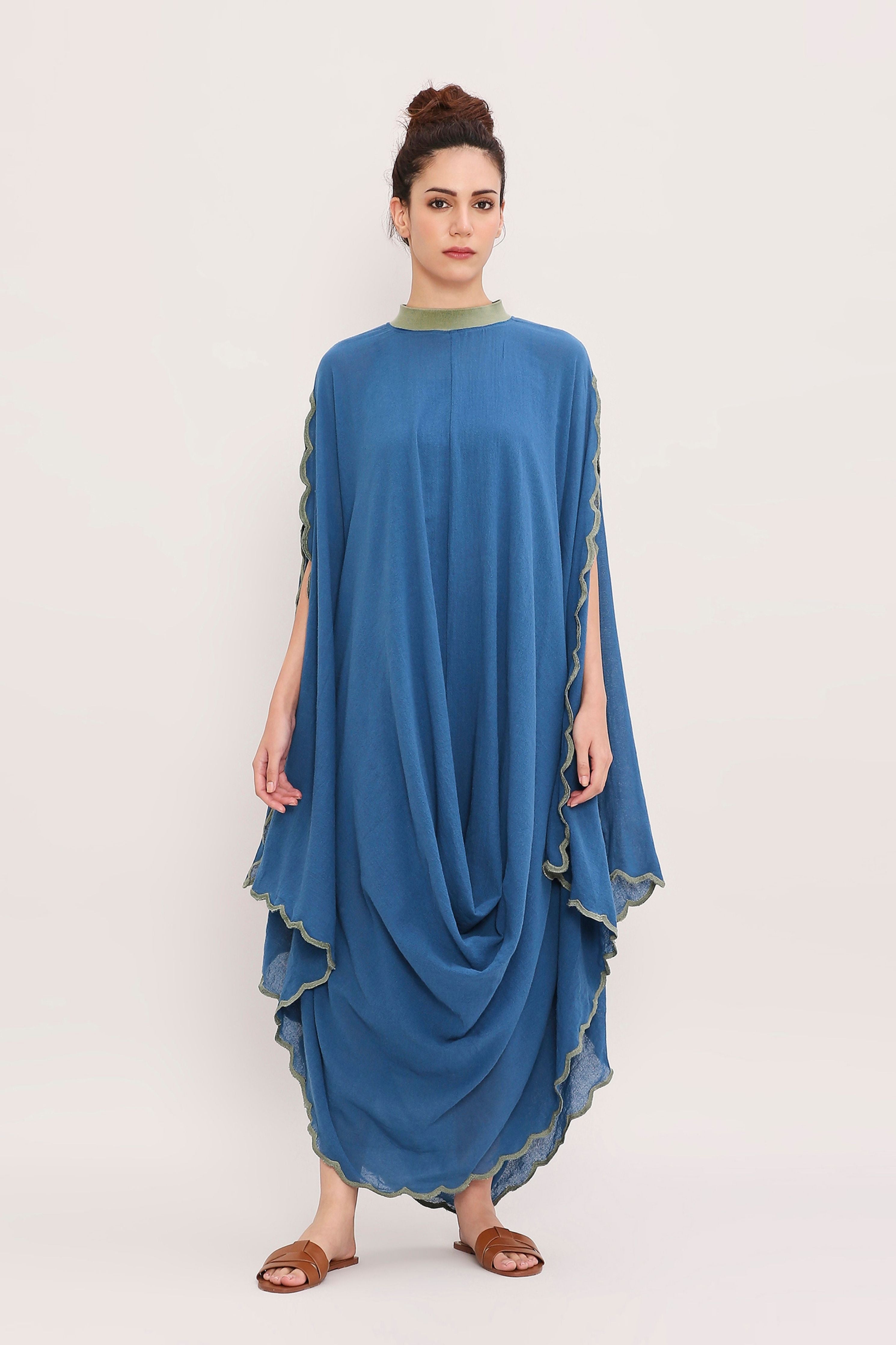 Blue Ribbed Scallop Cowl Dress