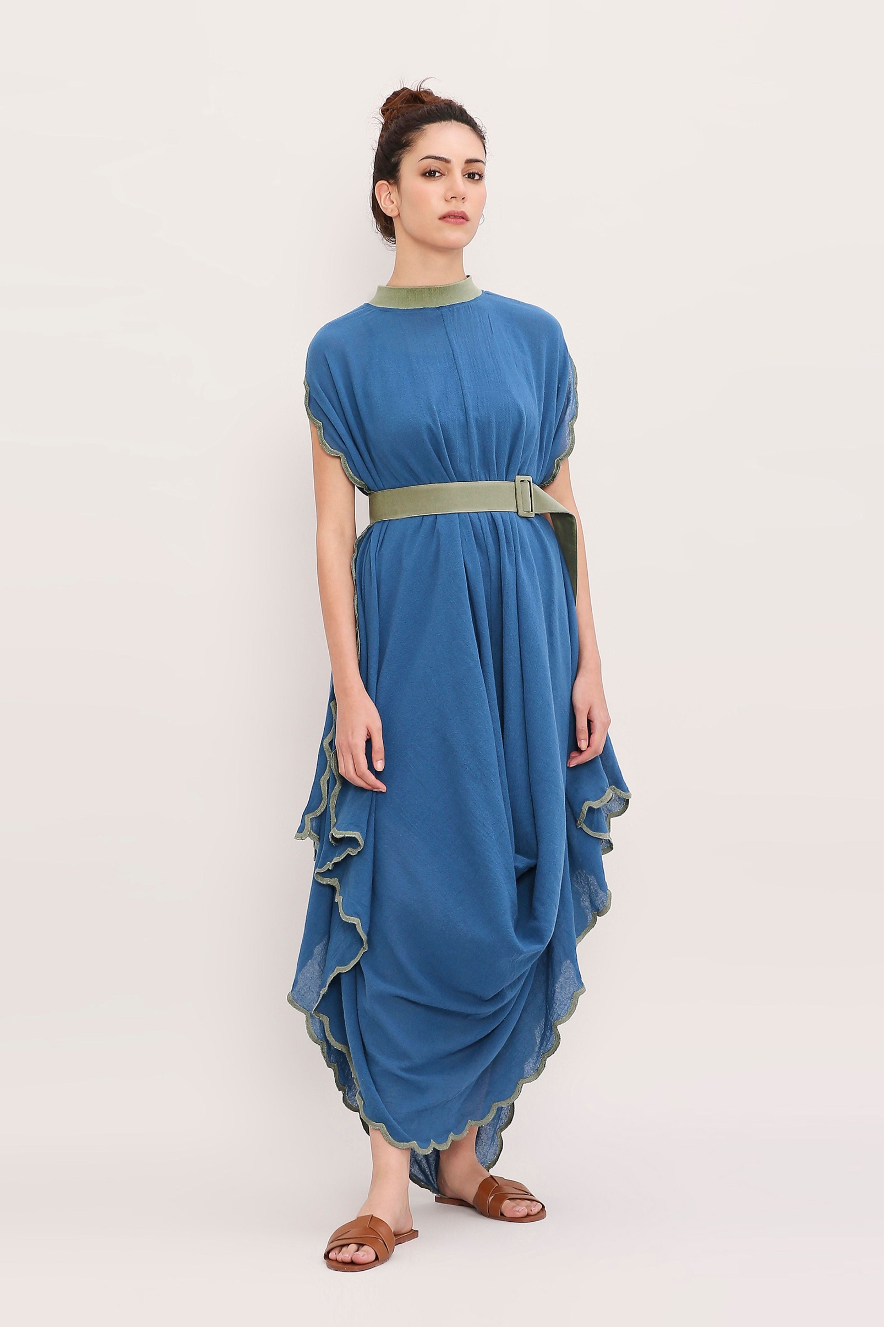 Blue Ribbed Scallop Cowl Dress
