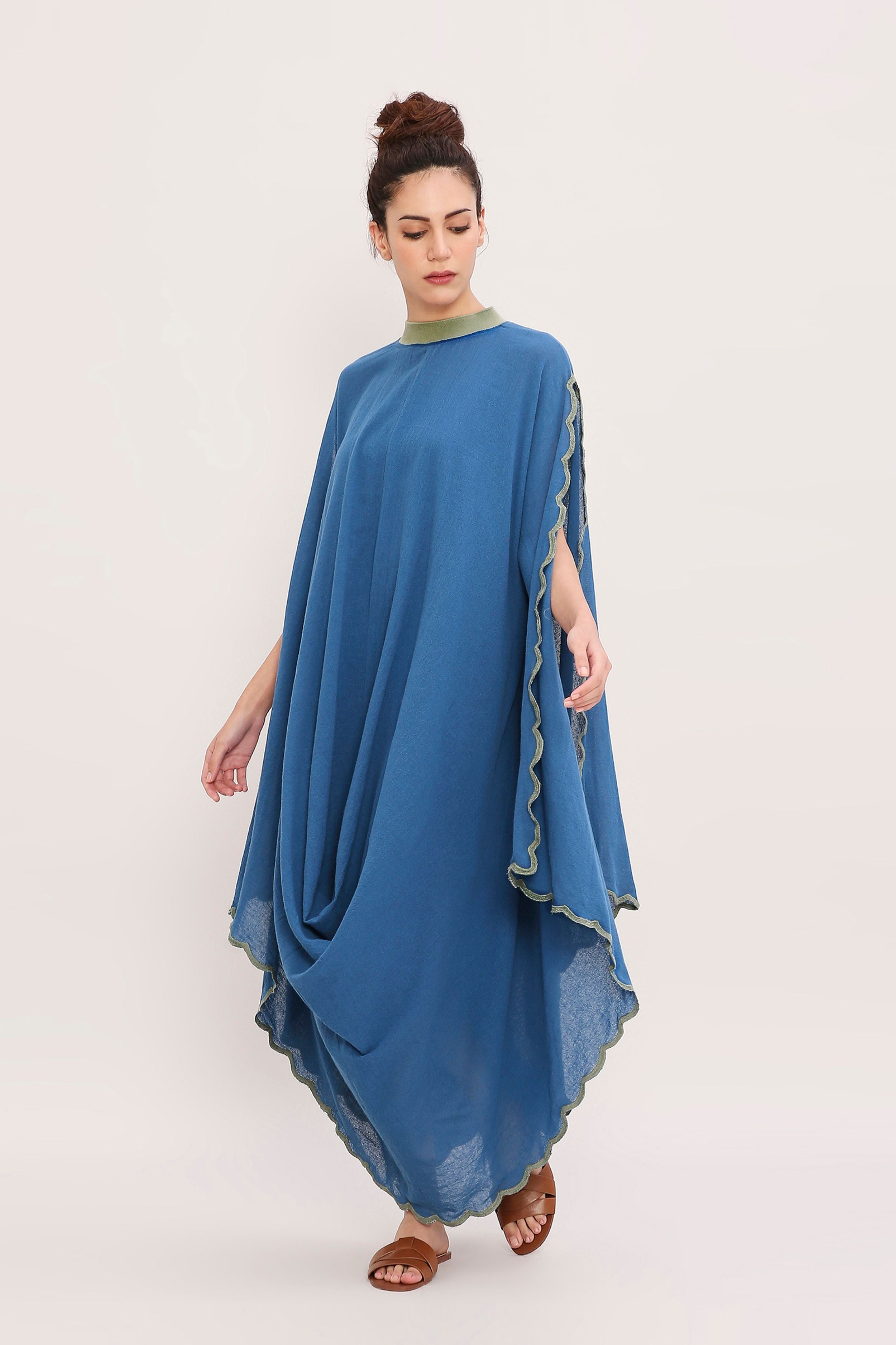 Blue Ribbed Scallop Cowl Dress