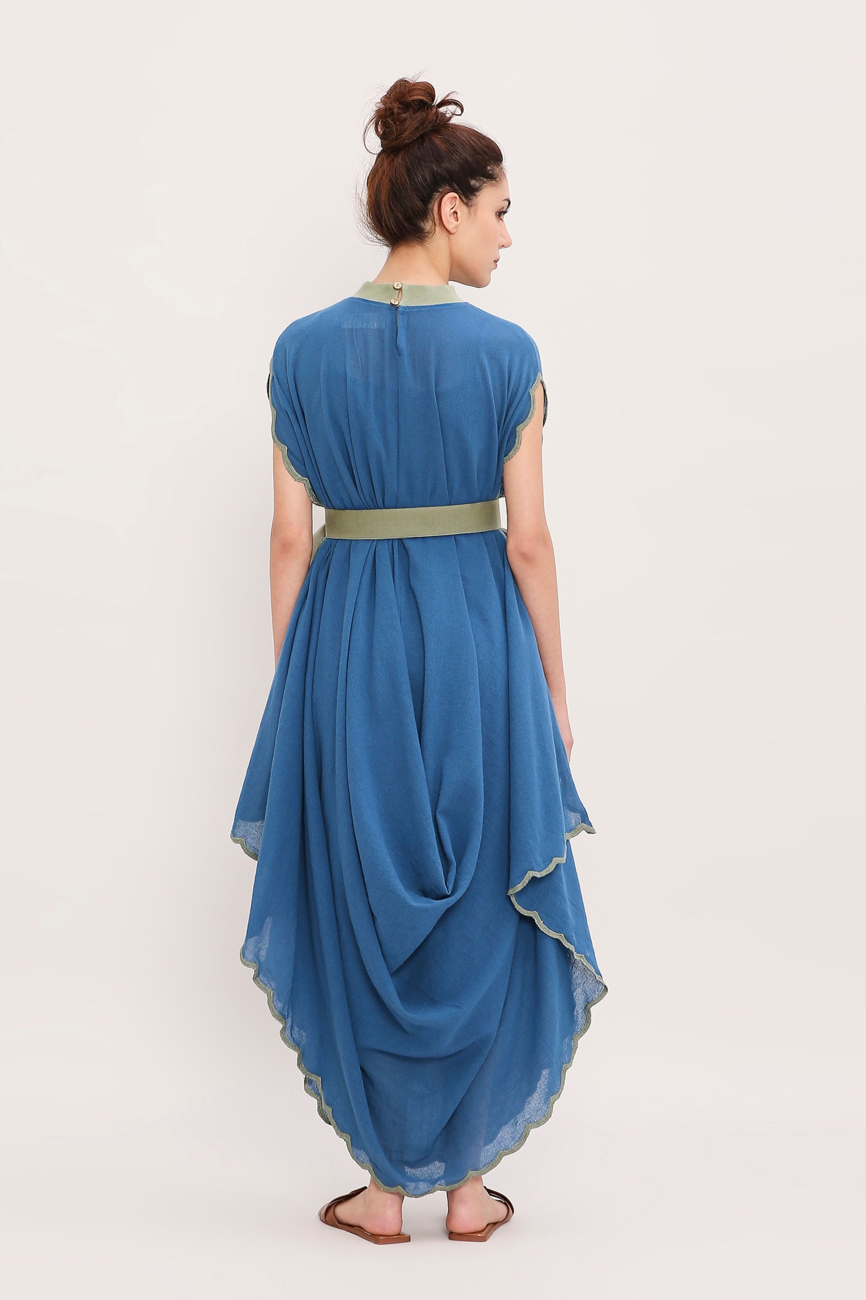 Blue Ribbed Scallop Cowl Dress