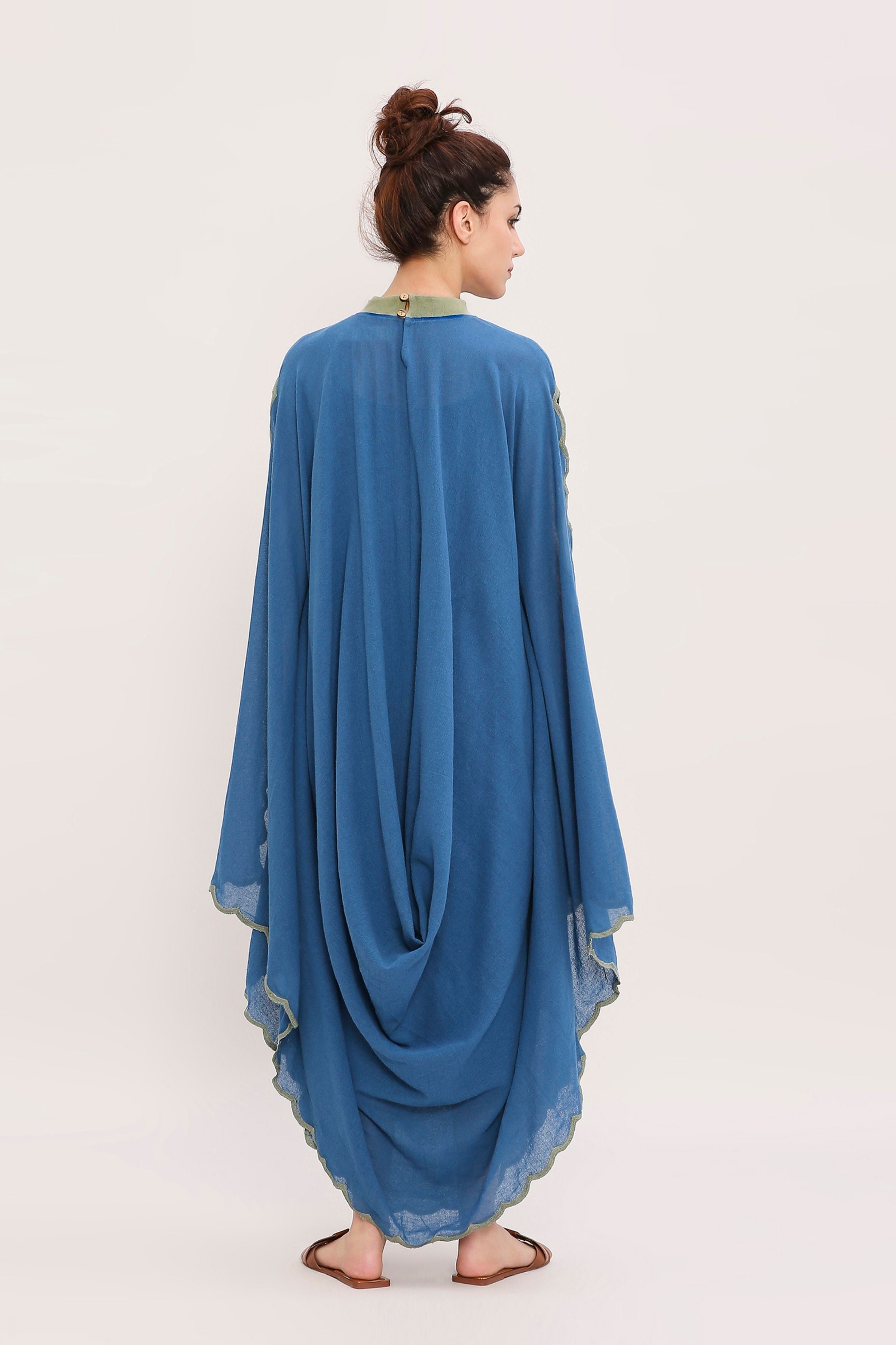Blue Ribbed Scallop Cowl Dress