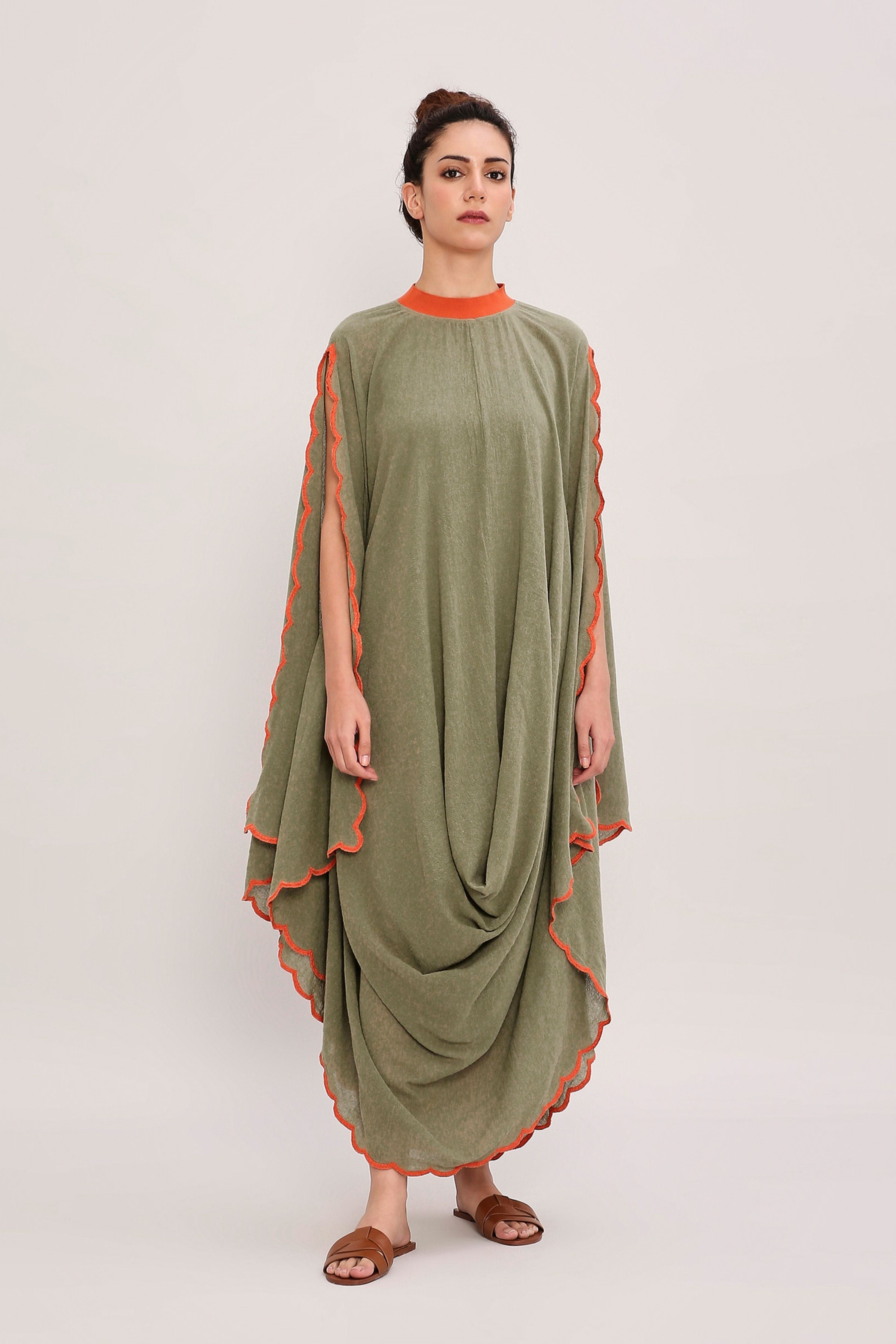 Green Ribbed Scallop Cowl Dress