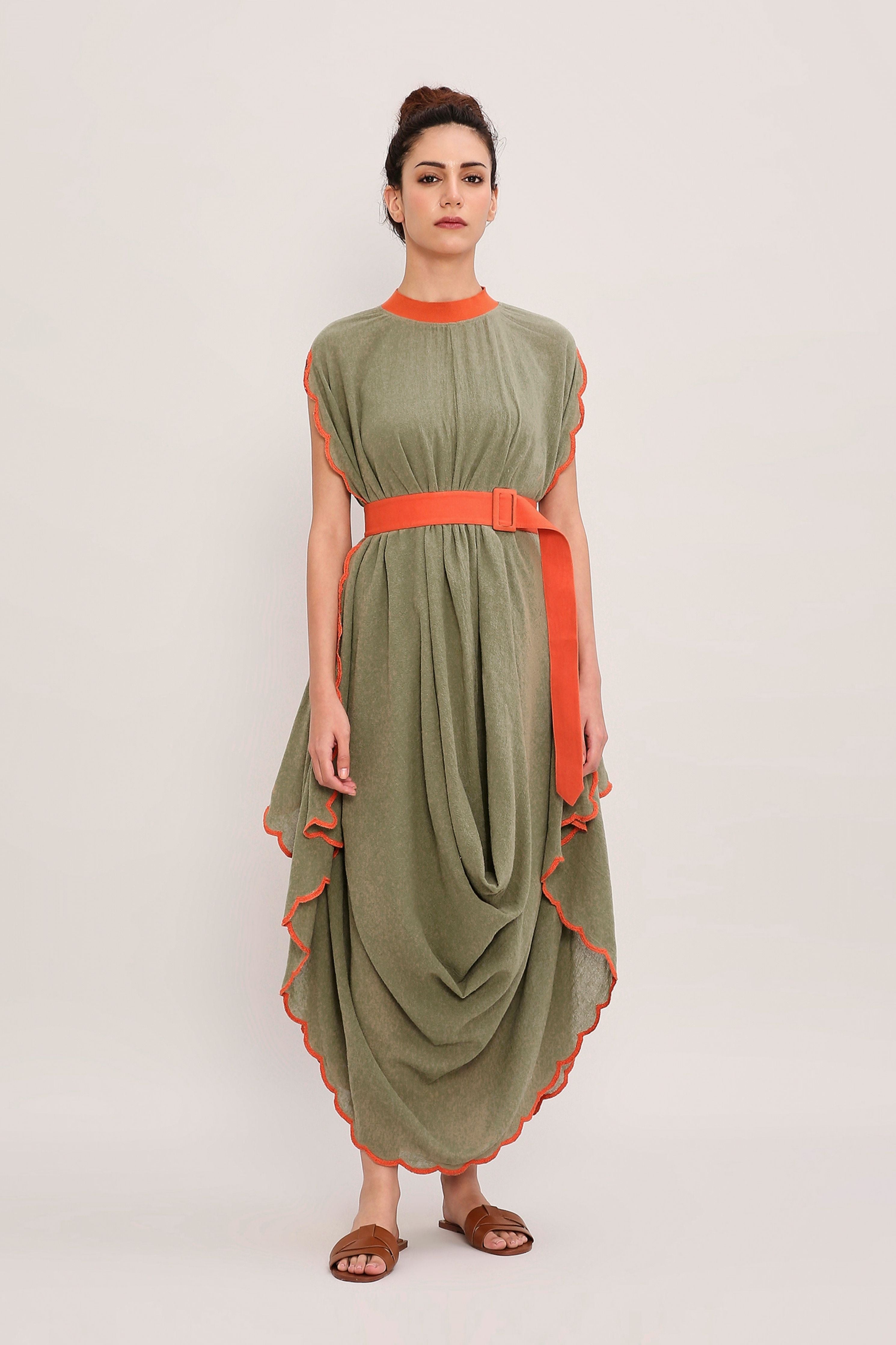 Green Ribbed Scallop Cowl Dress