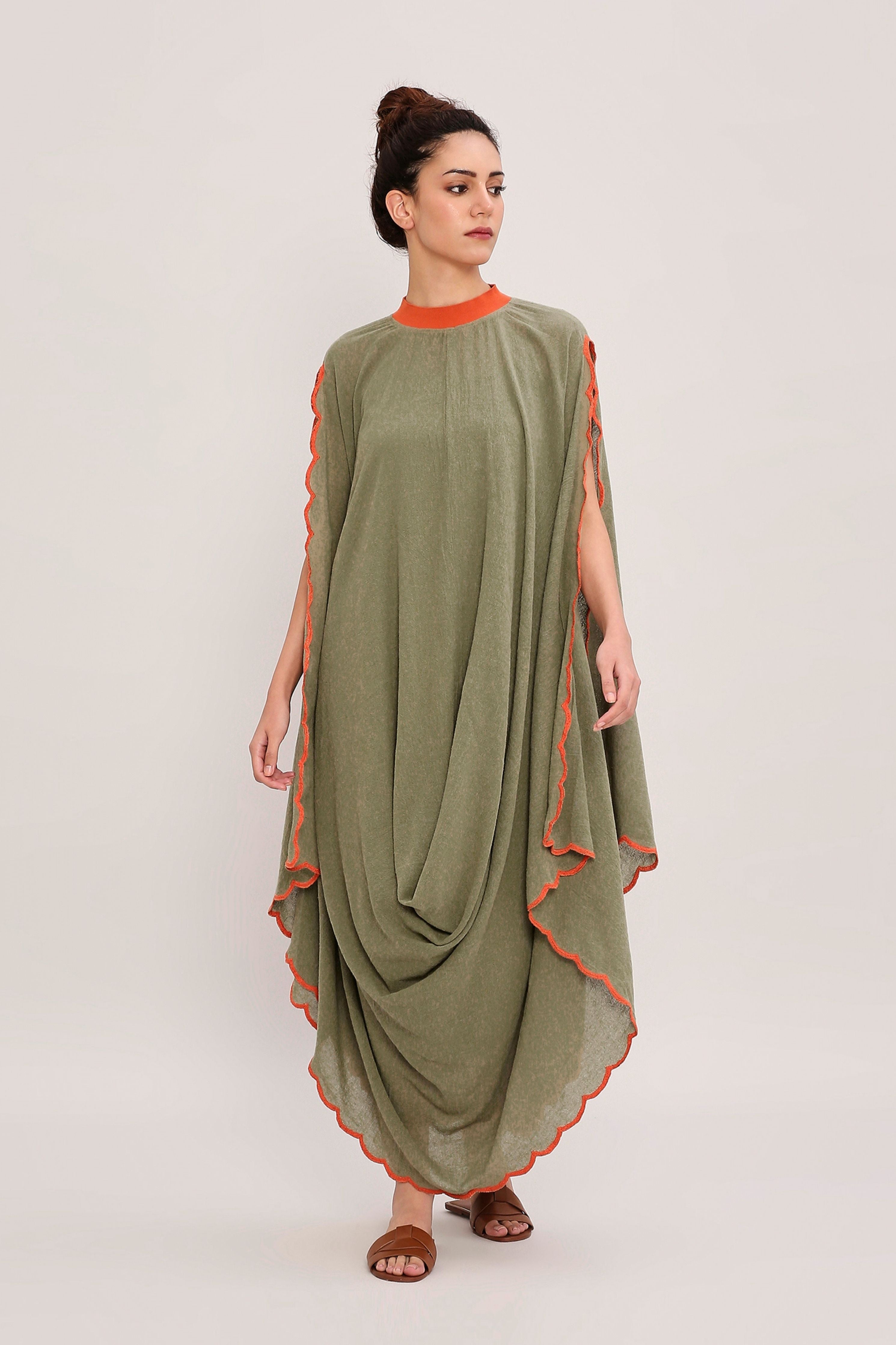 Green Ribbed Scallop Cowl Dress