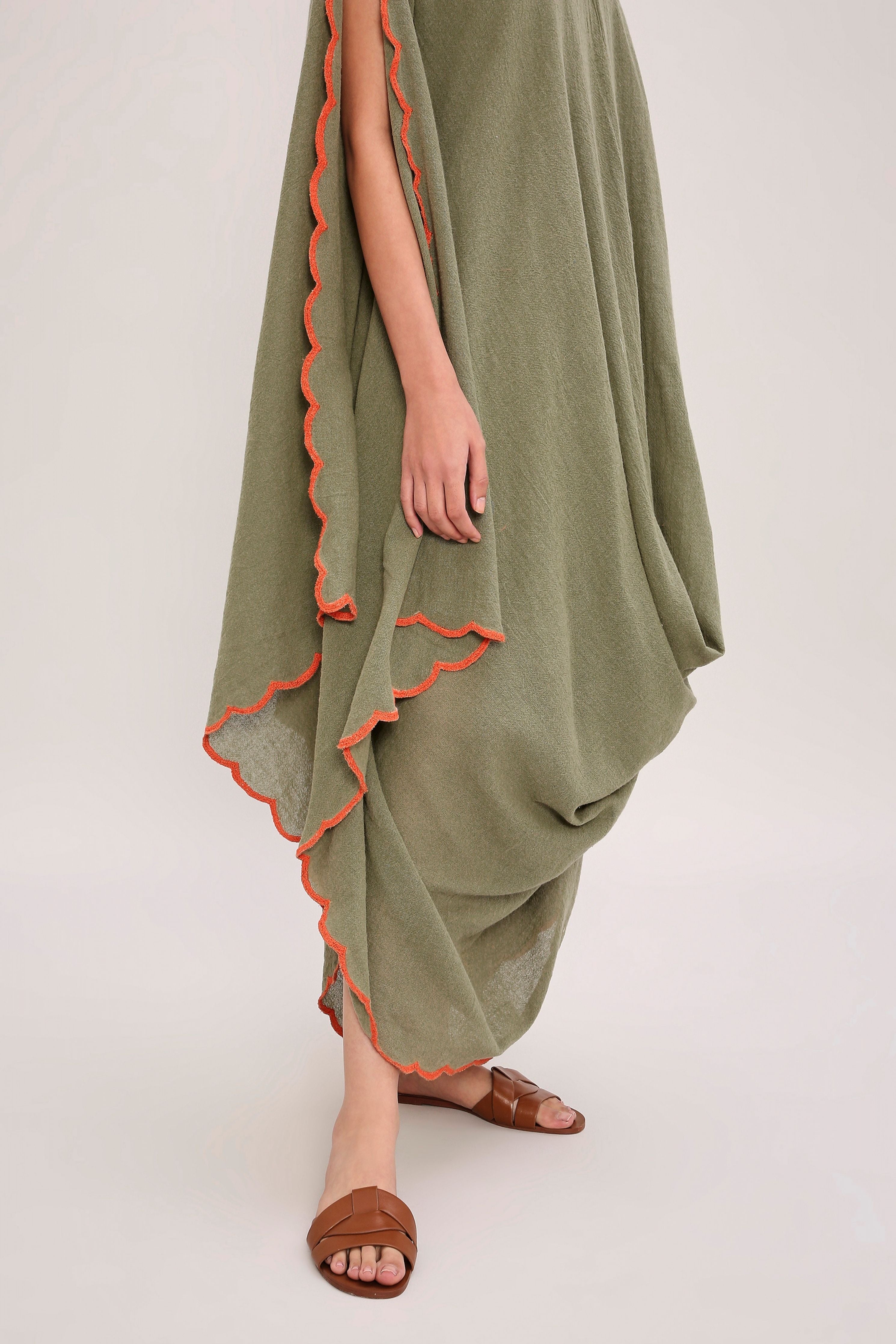 Green Ribbed Scallop Cowl Dress