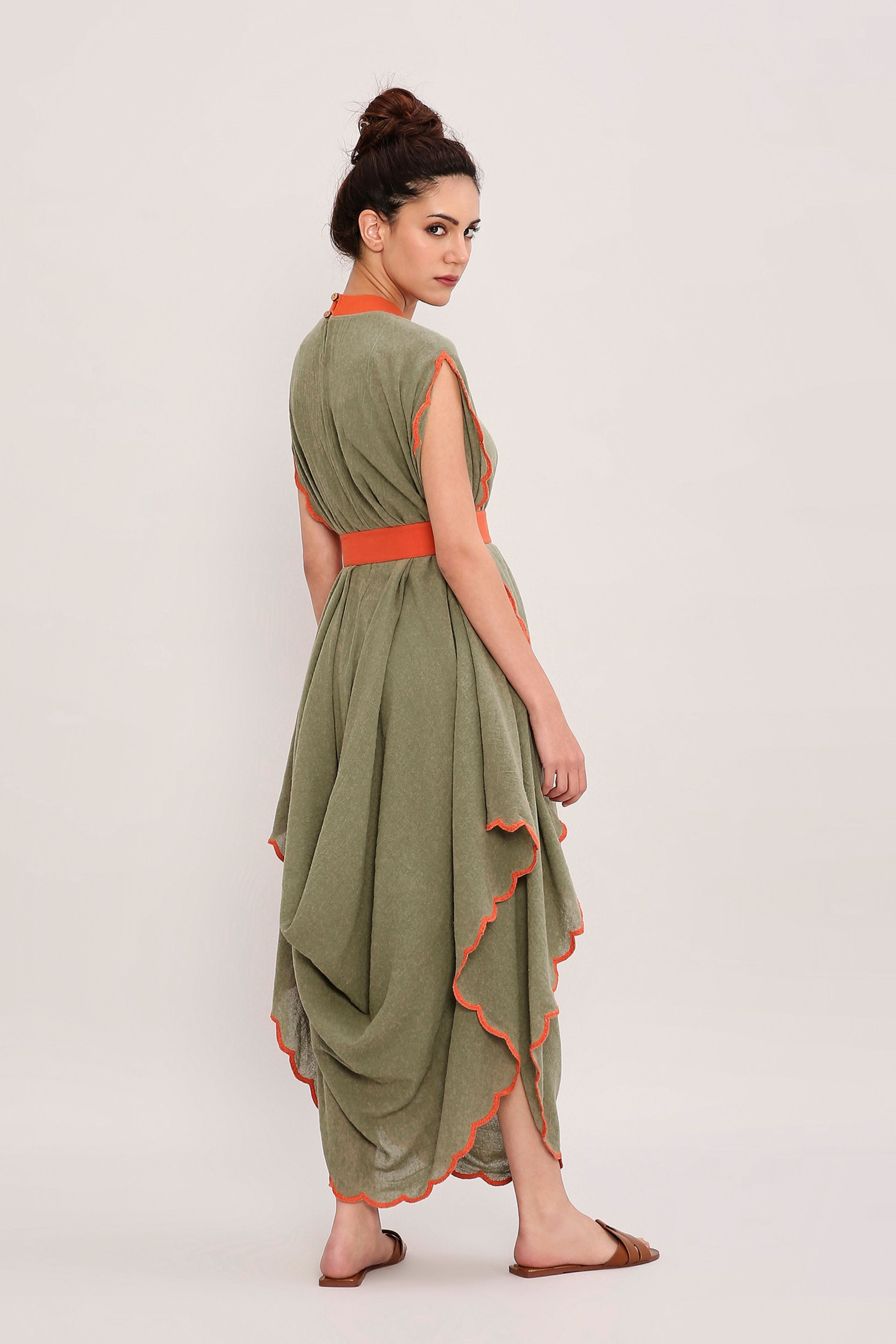 Green Ribbed Scallop Cowl Dress