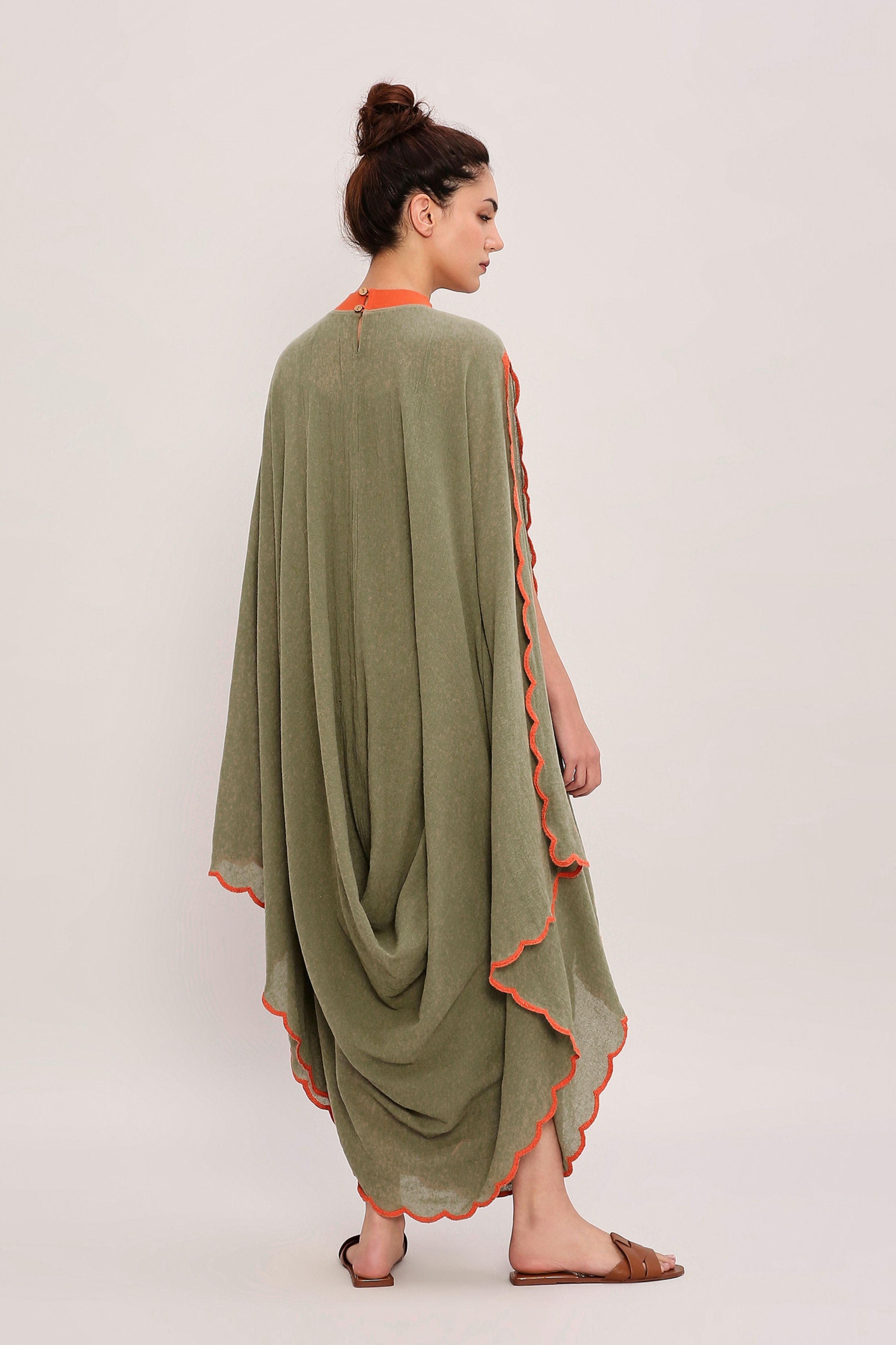 Green Ribbed Scallop Cowl Dress
