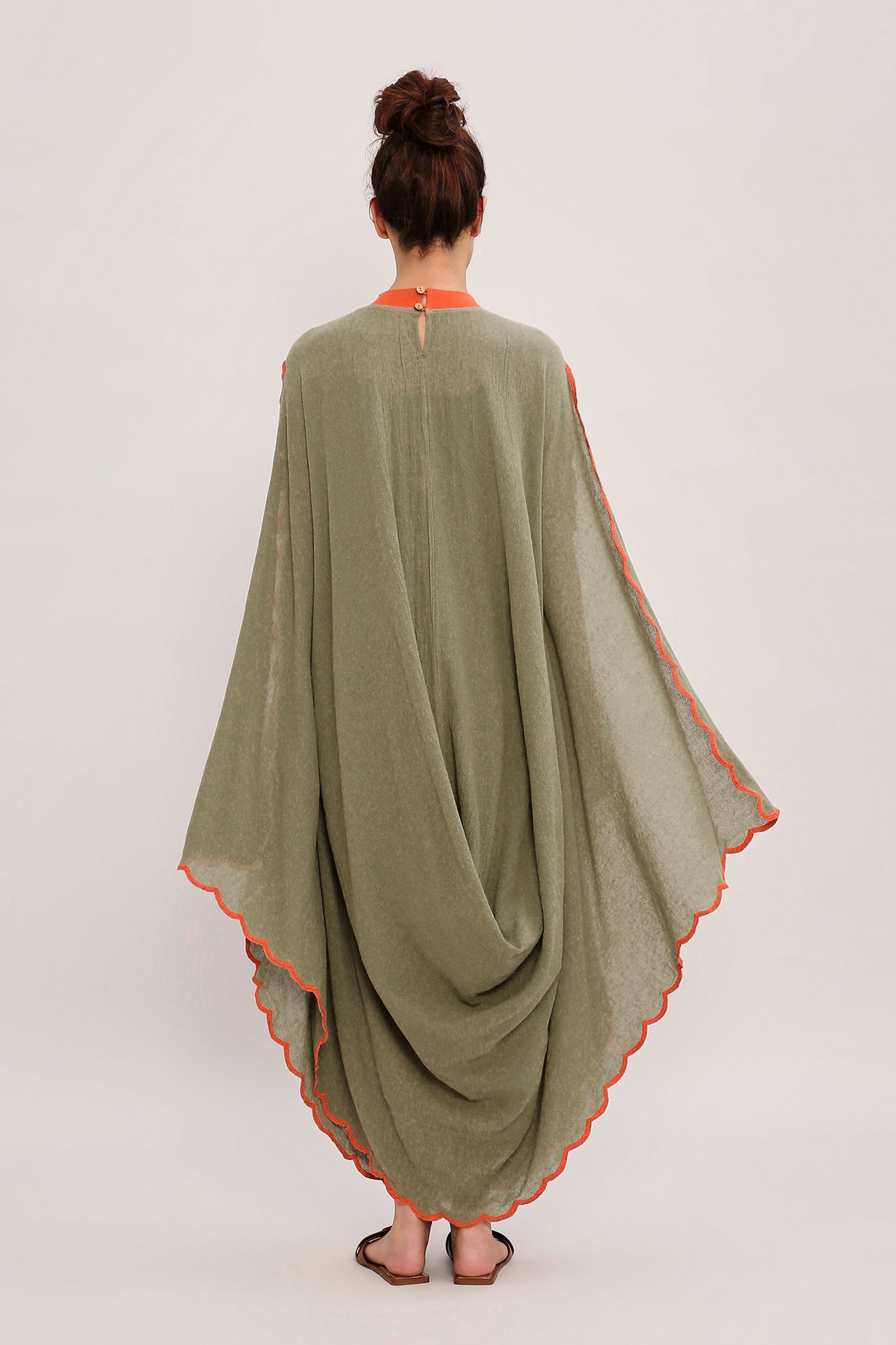 Green Ribbed Scallop Cowl Dress