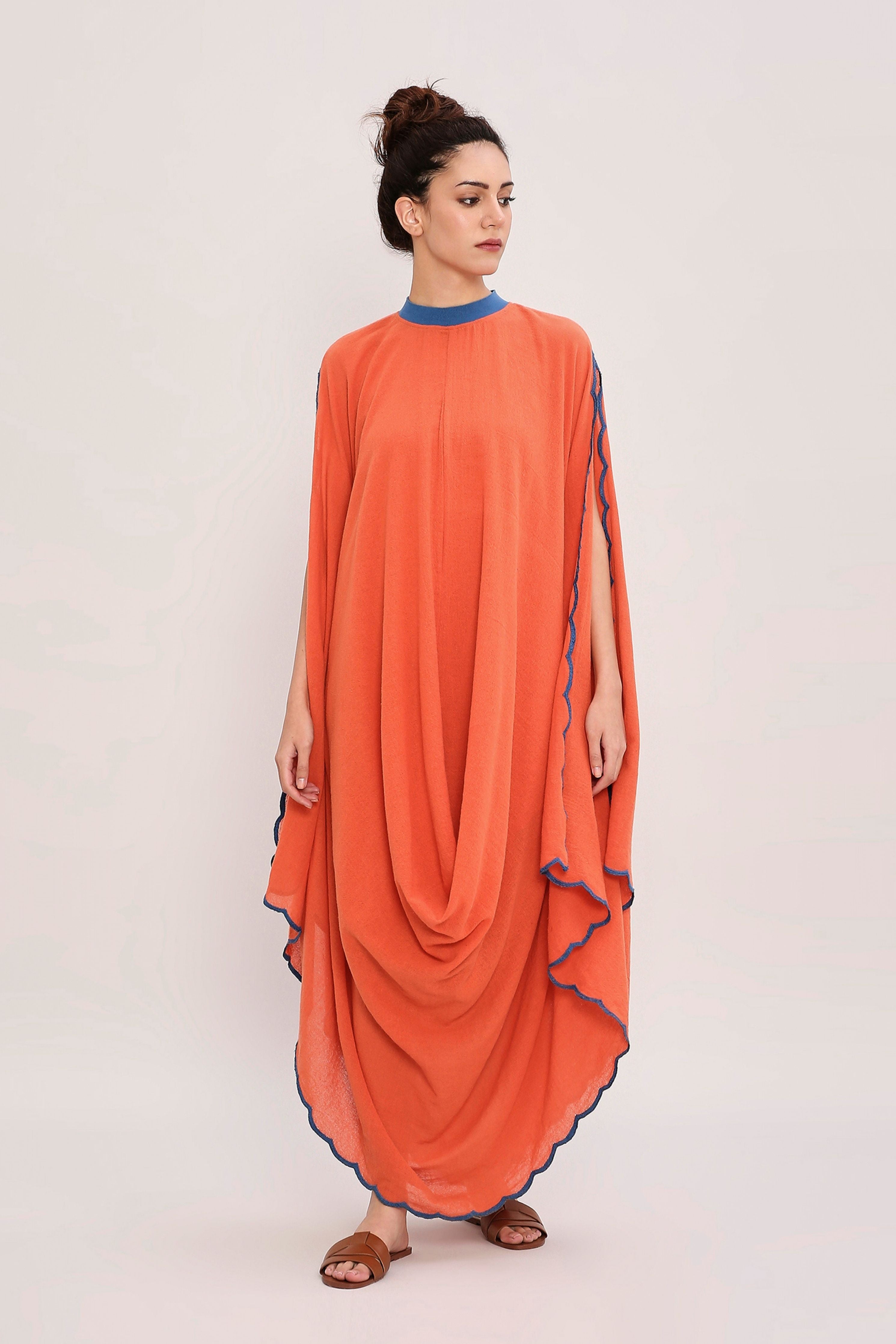 Rust Ribbed Scallop Cowl Dress