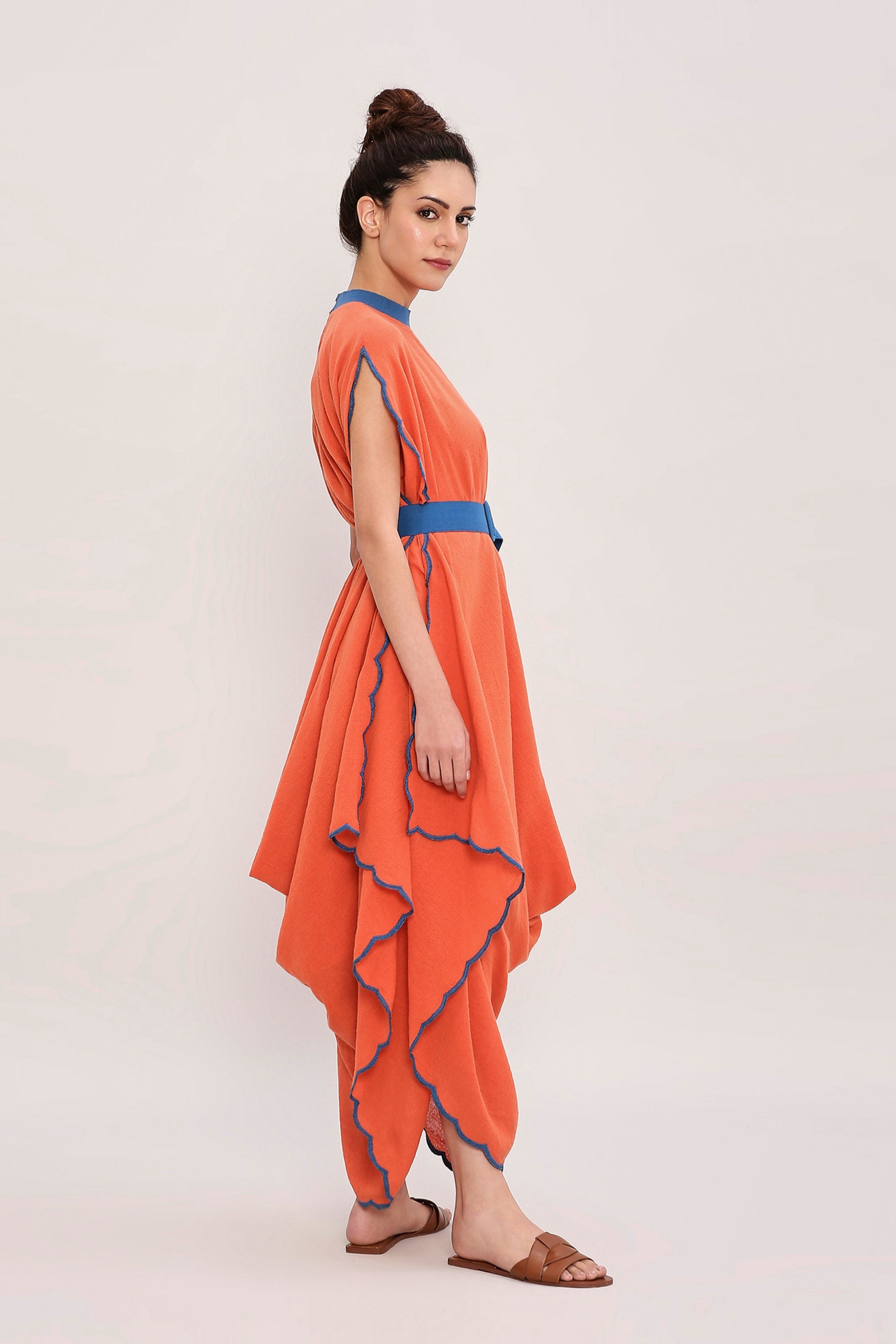 Rust Ribbed Scallop Cowl Dress