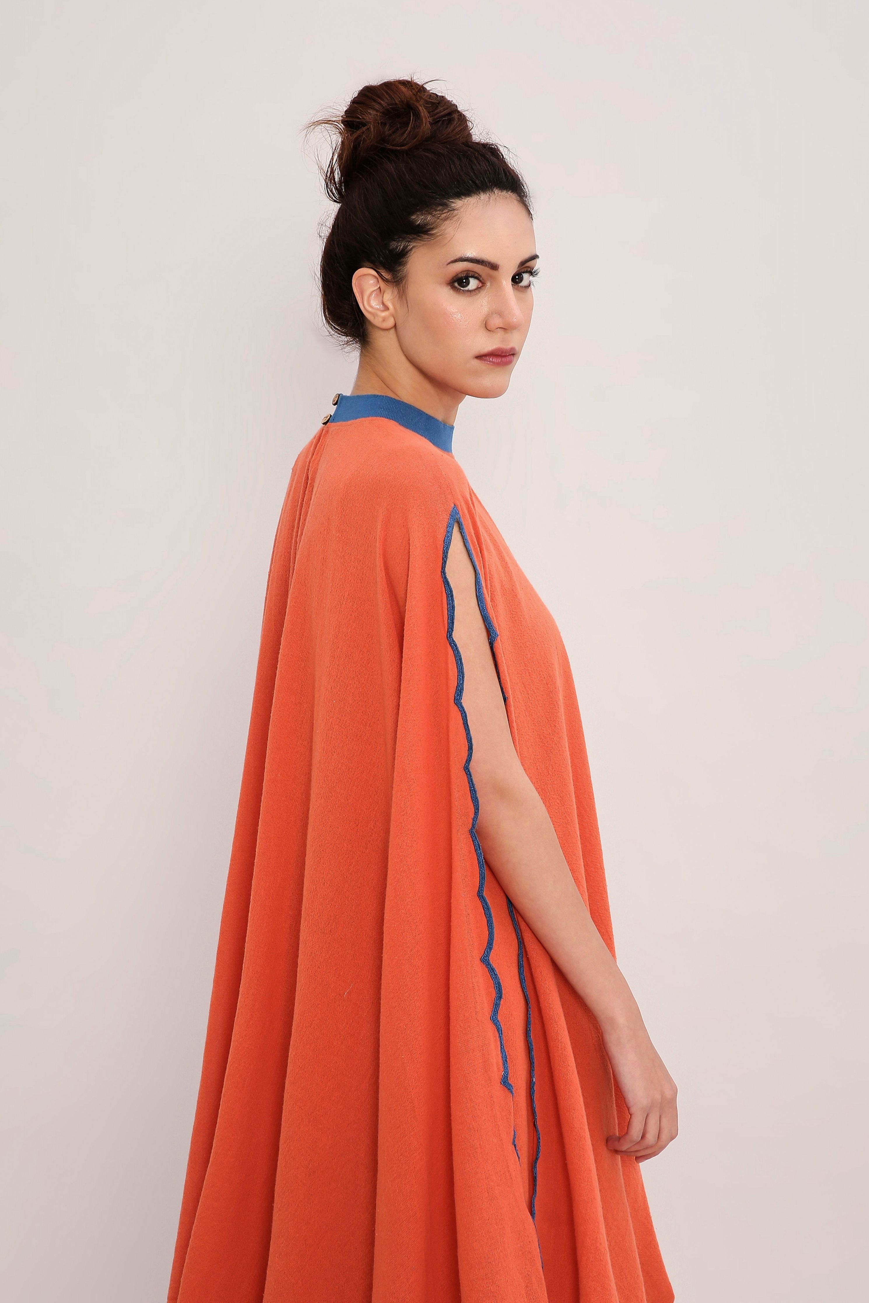 Rust Ribbed Scallop Cowl Dress