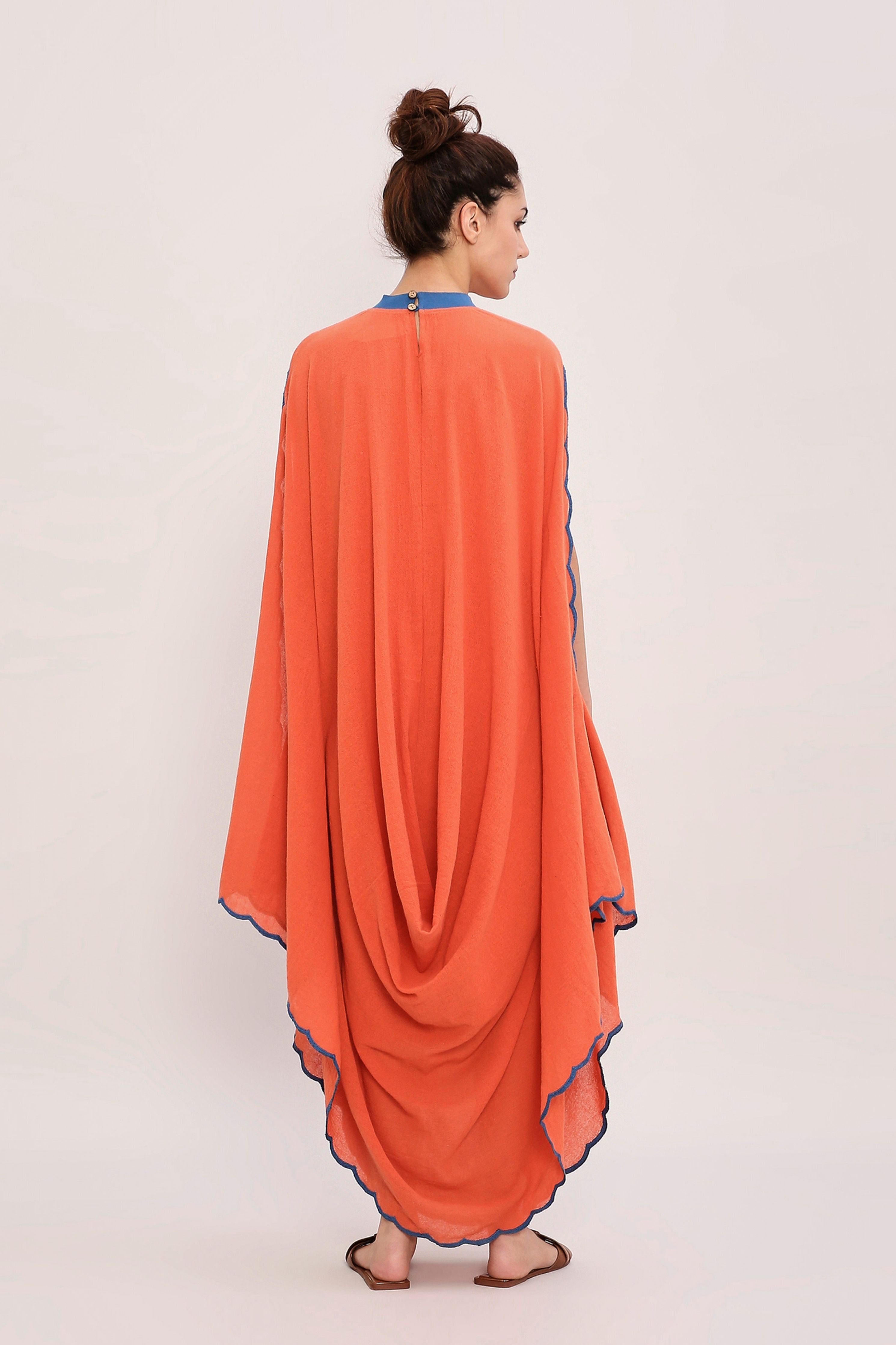Rust Ribbed Scallop Cowl Dress