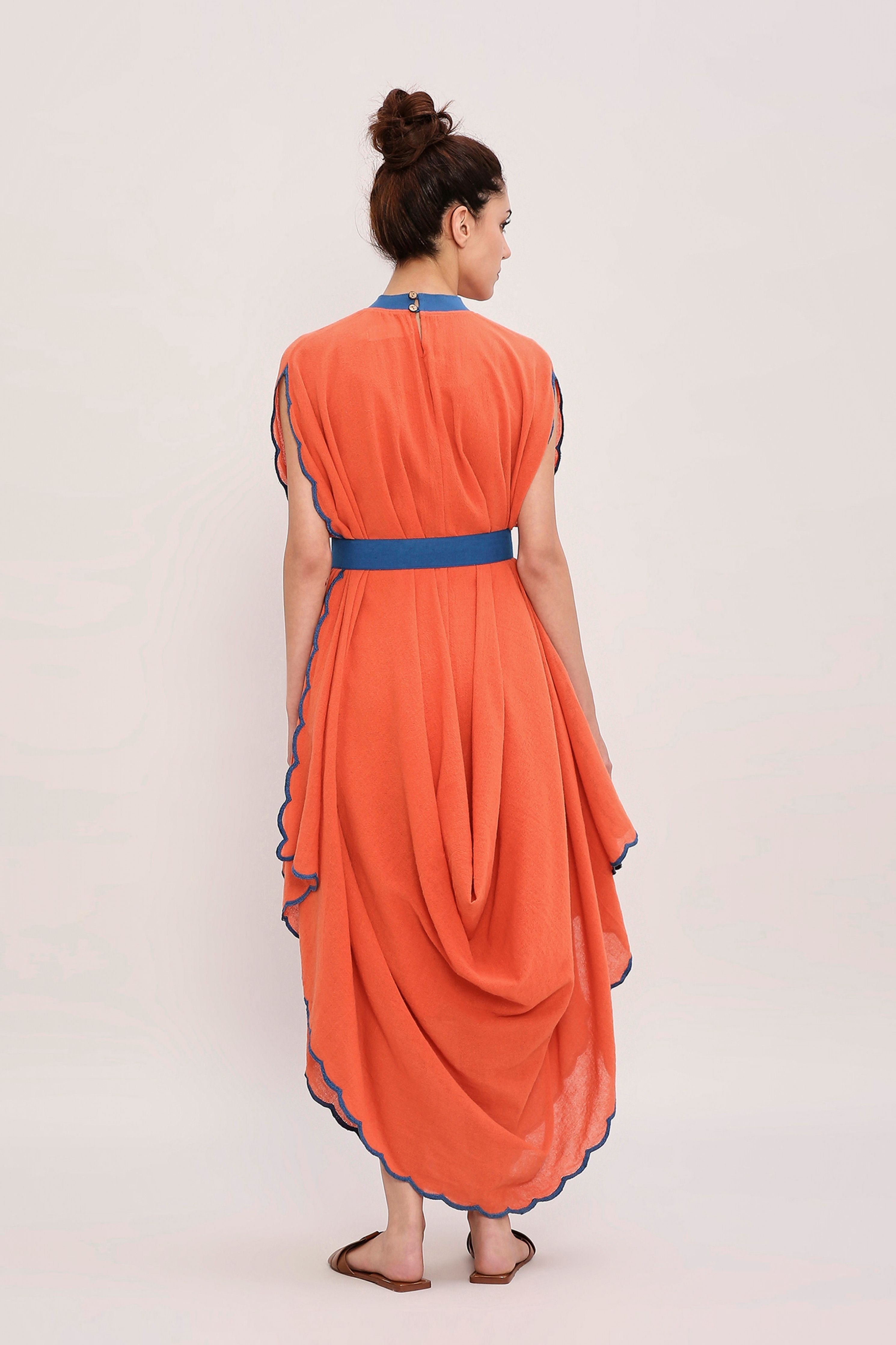 Rust Ribbed Scallop Cowl Dress