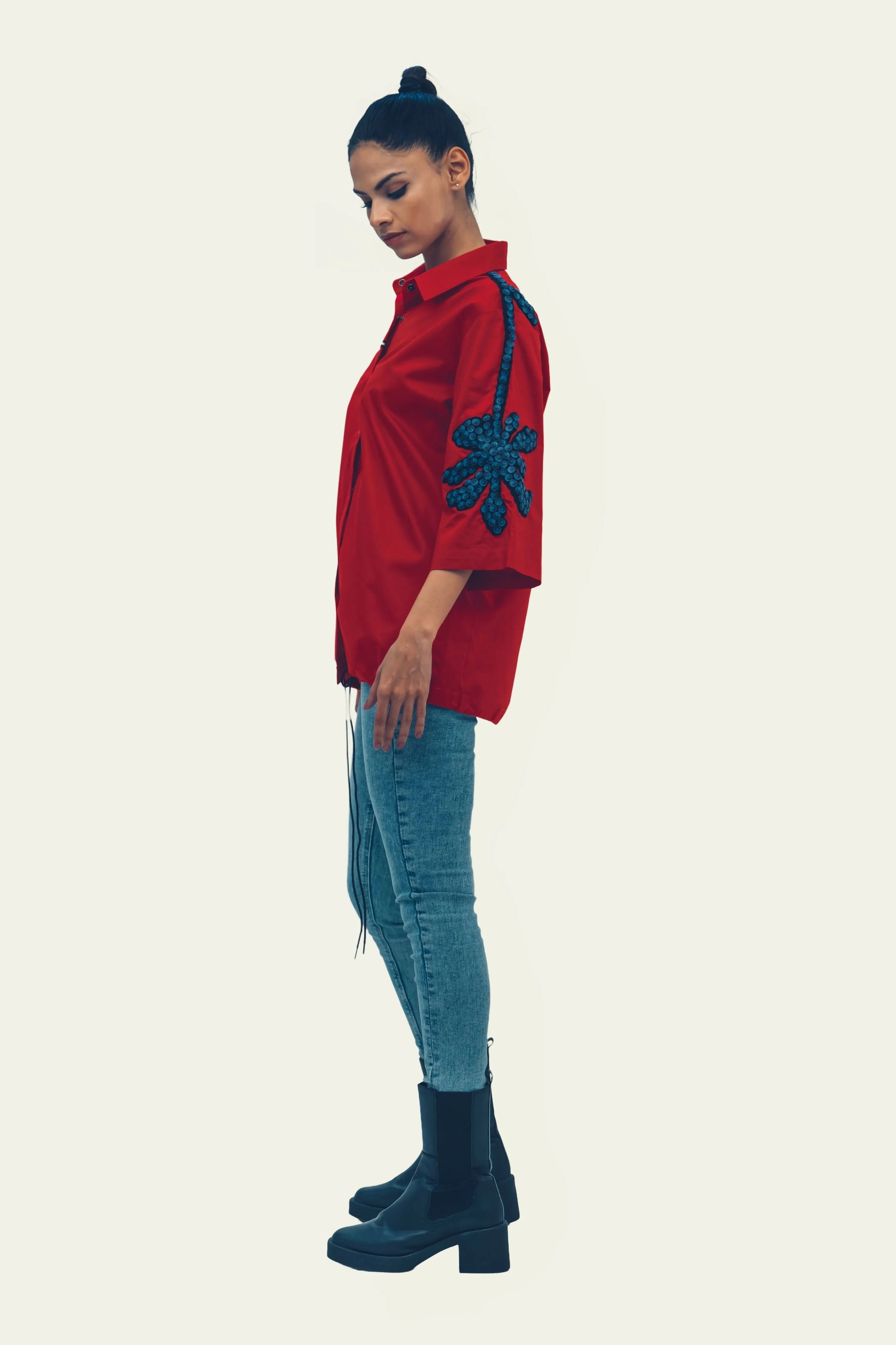 Red Cotton Shirt with Embroidery