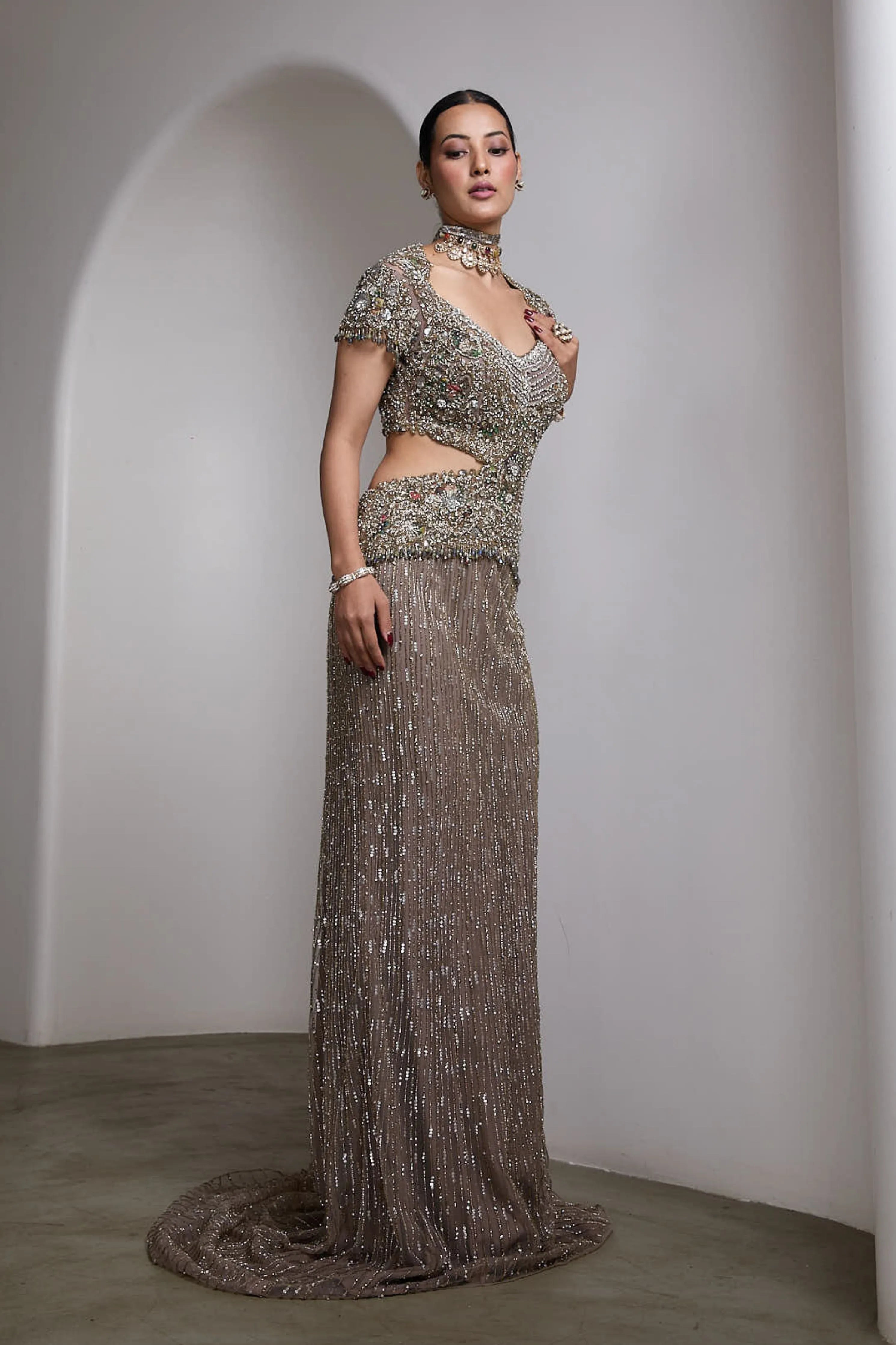 Nude Sequin Embellished Gown