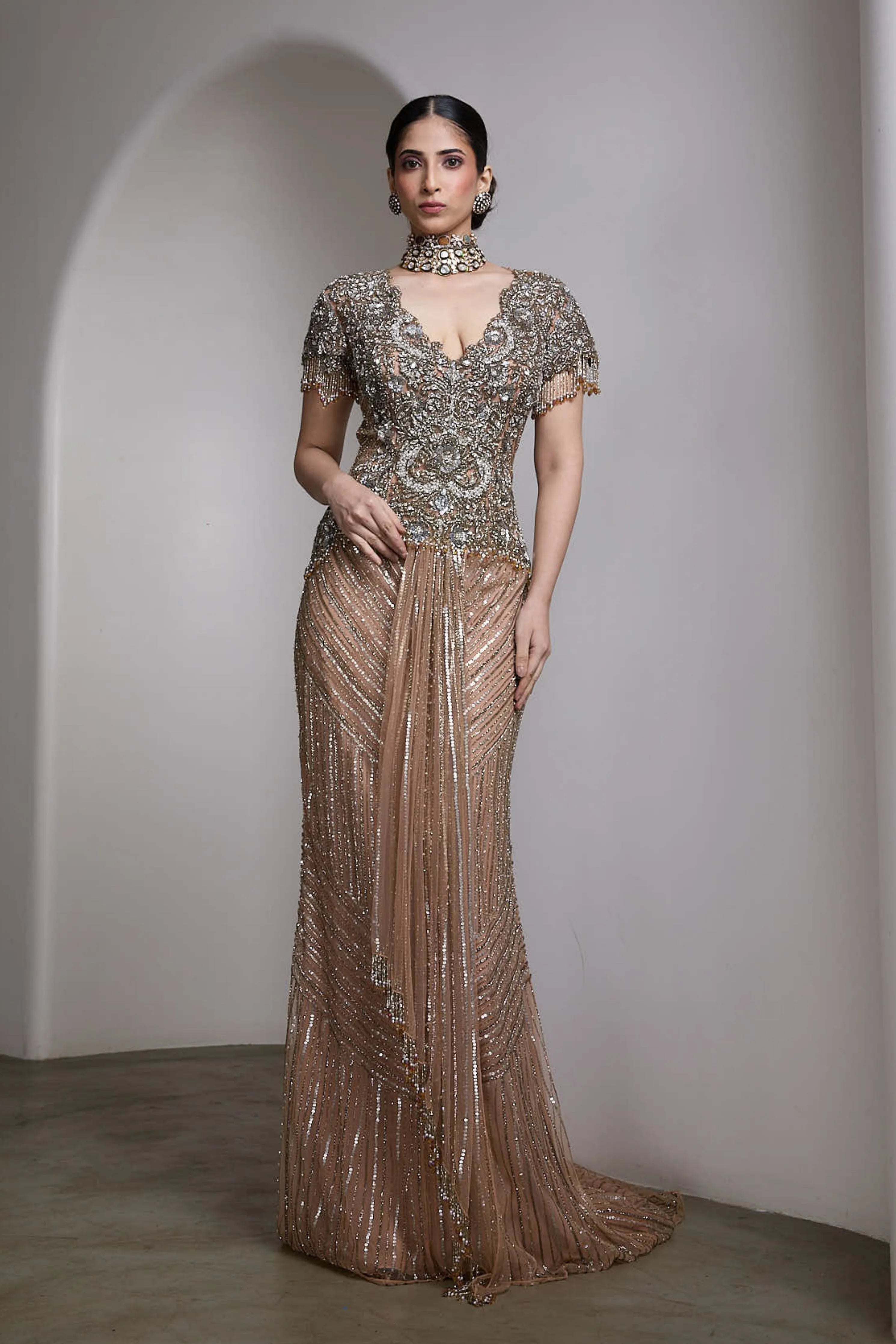 V-Neck Embroidered Gown