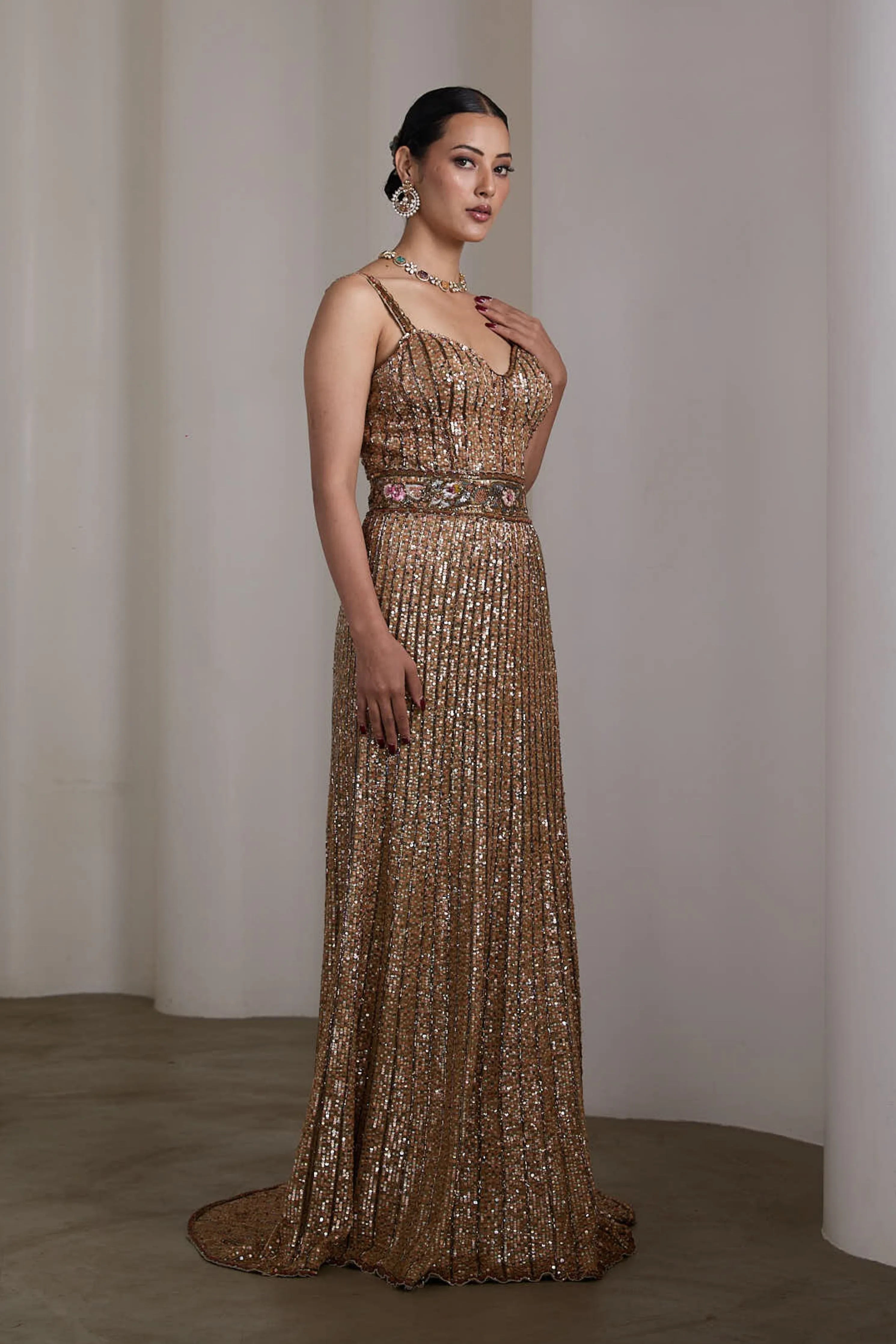 Gold Sequin Embroidered Gown