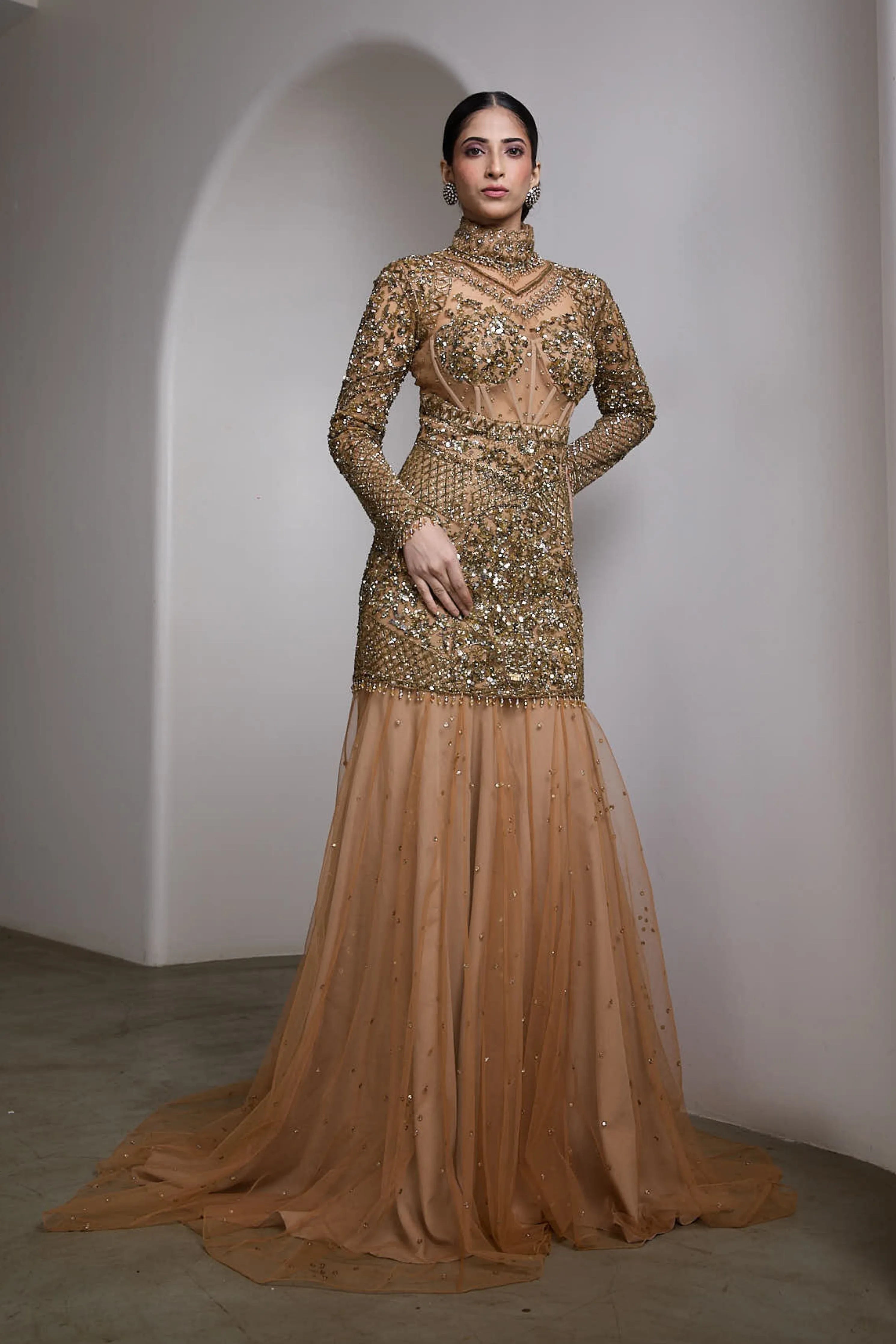 Nude High-Neck Embroidered Gown