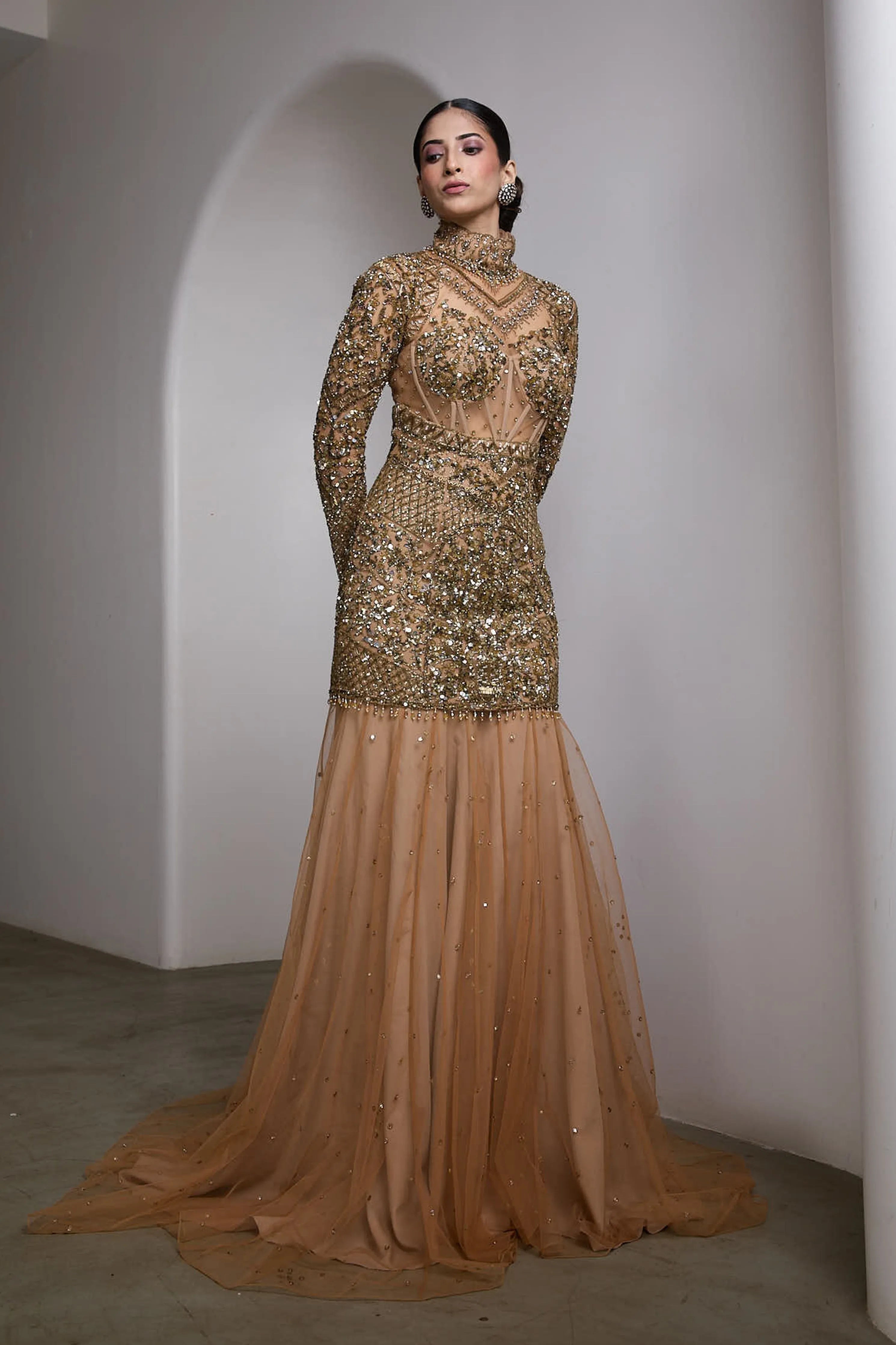 Nude High-Neck Embroidered Gown