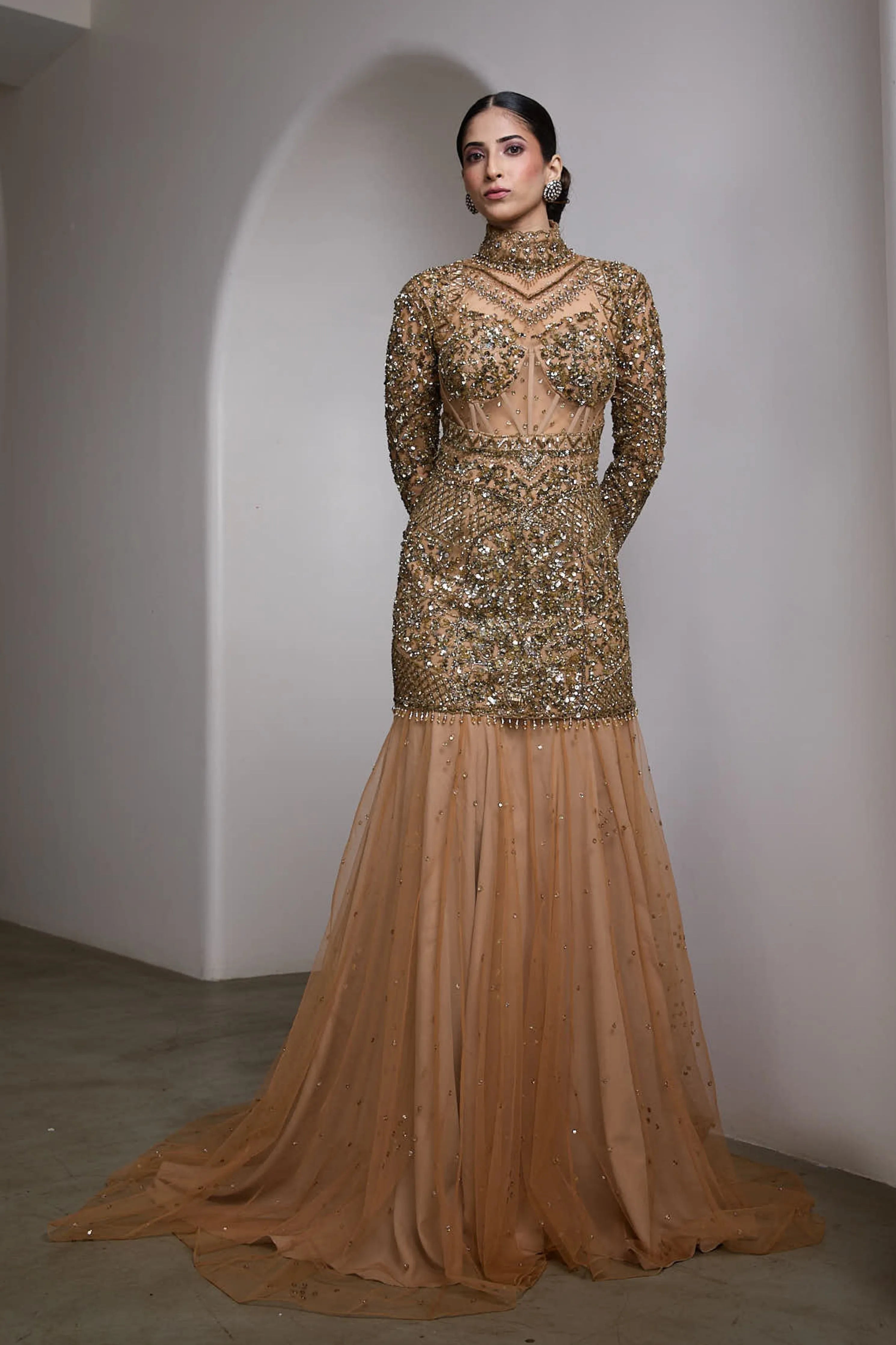 Nude High-Neck Embroidered Gown