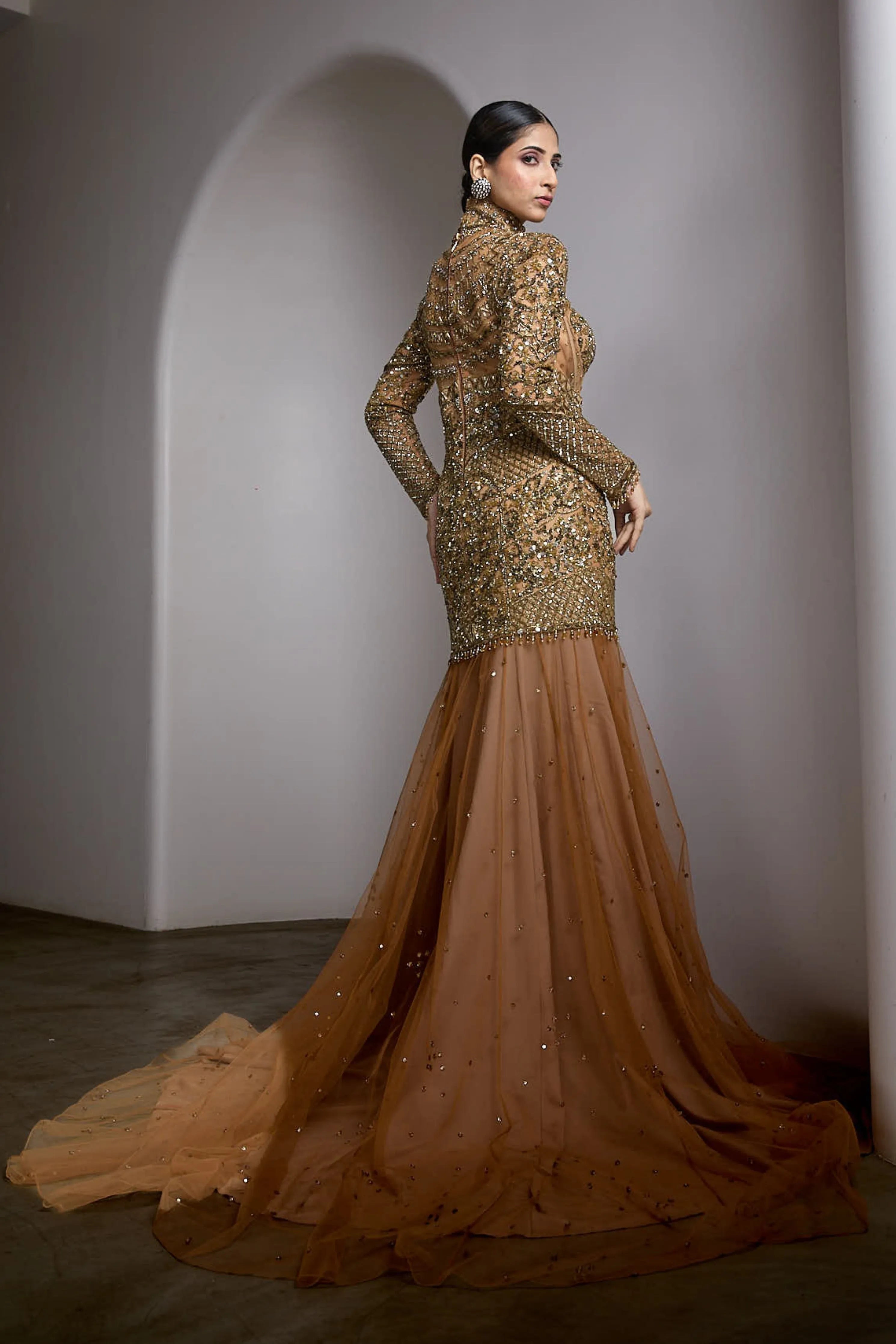 Nude High-Neck Embroidered Gown