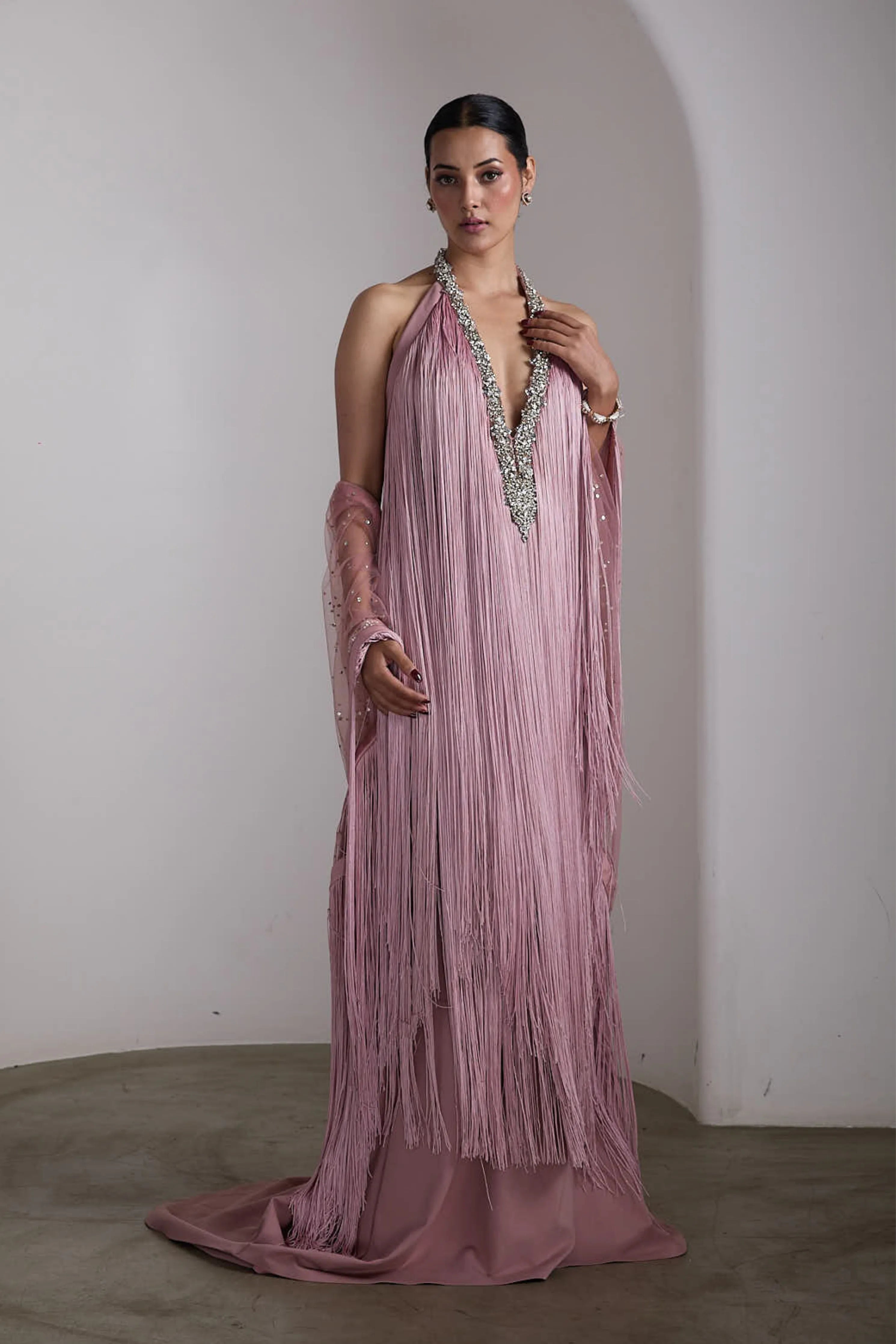 Pink Fringe Embellished Gown
