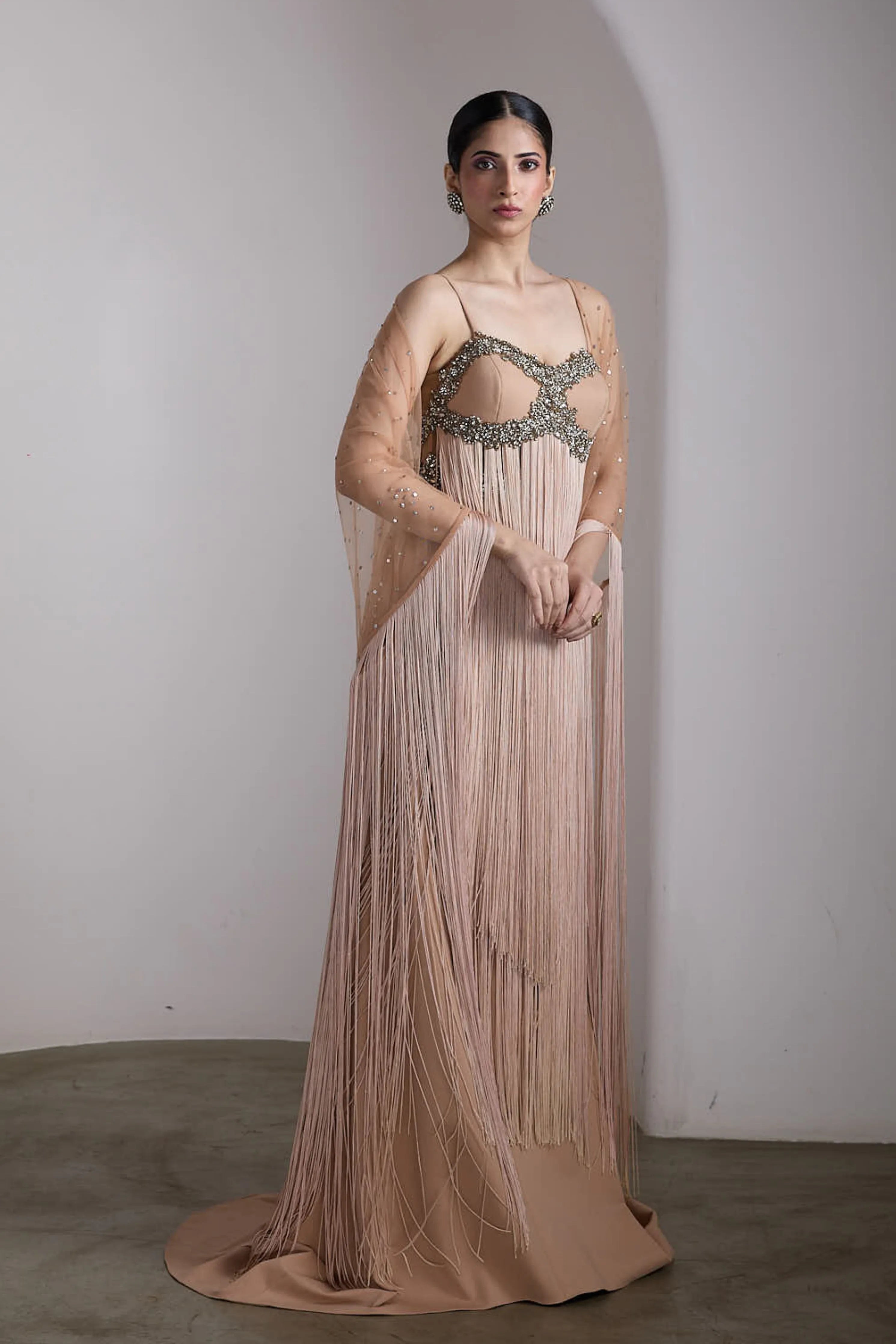 Nude Fringe Embellished Gown