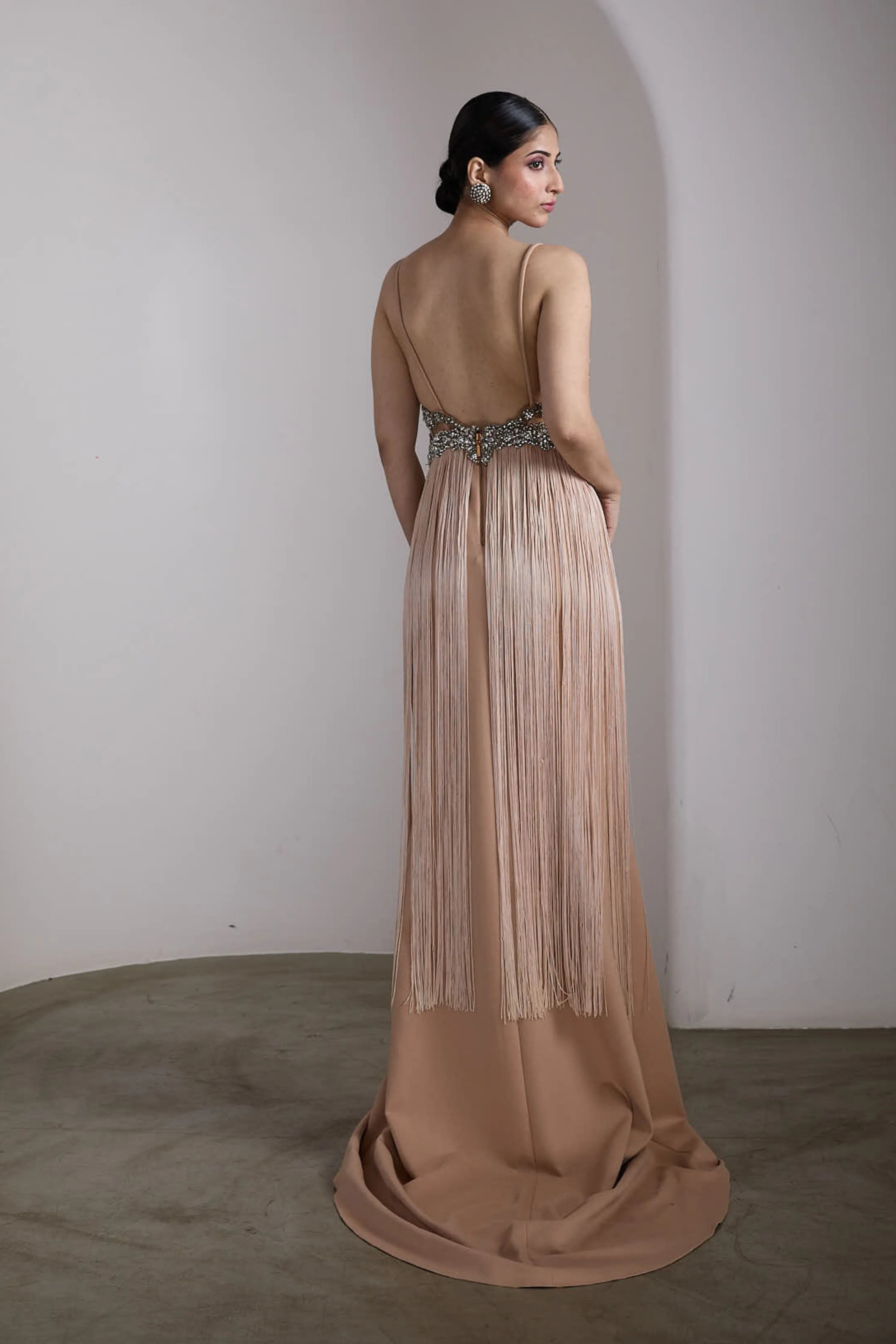 Nude Fringe Embellished Gown
