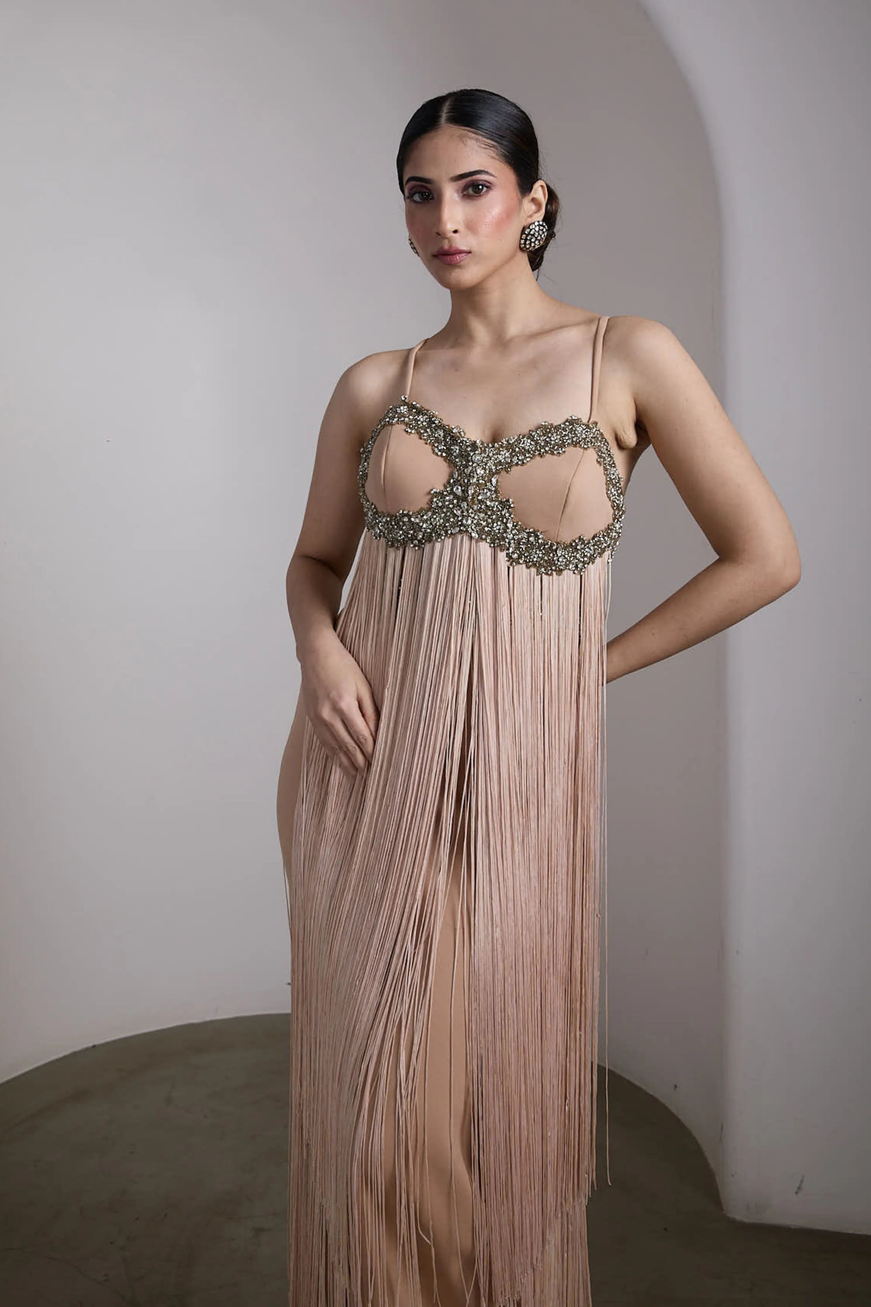 Nude Fringe Embellished Gown