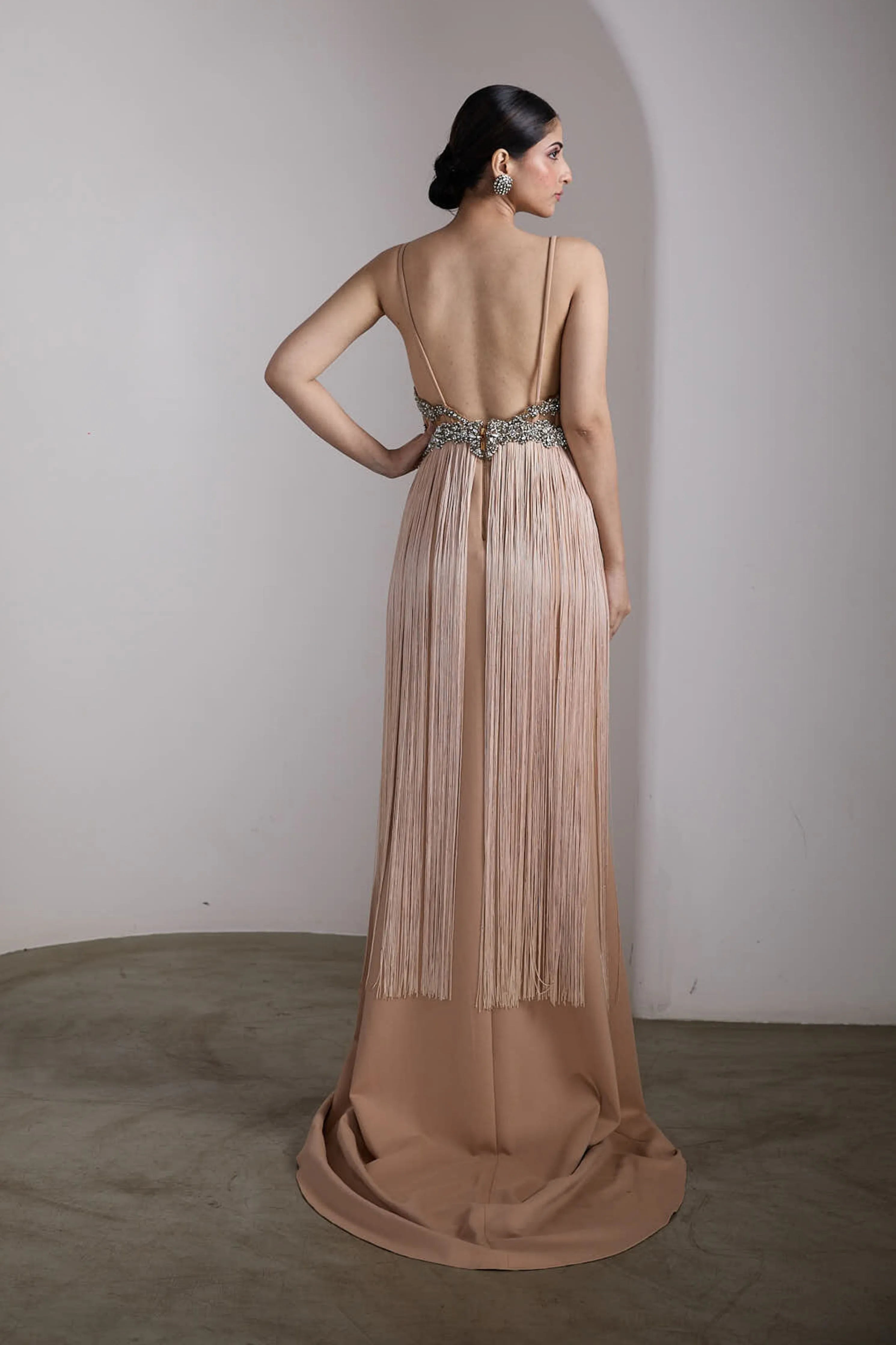 Nude Fringe Embellished Gown