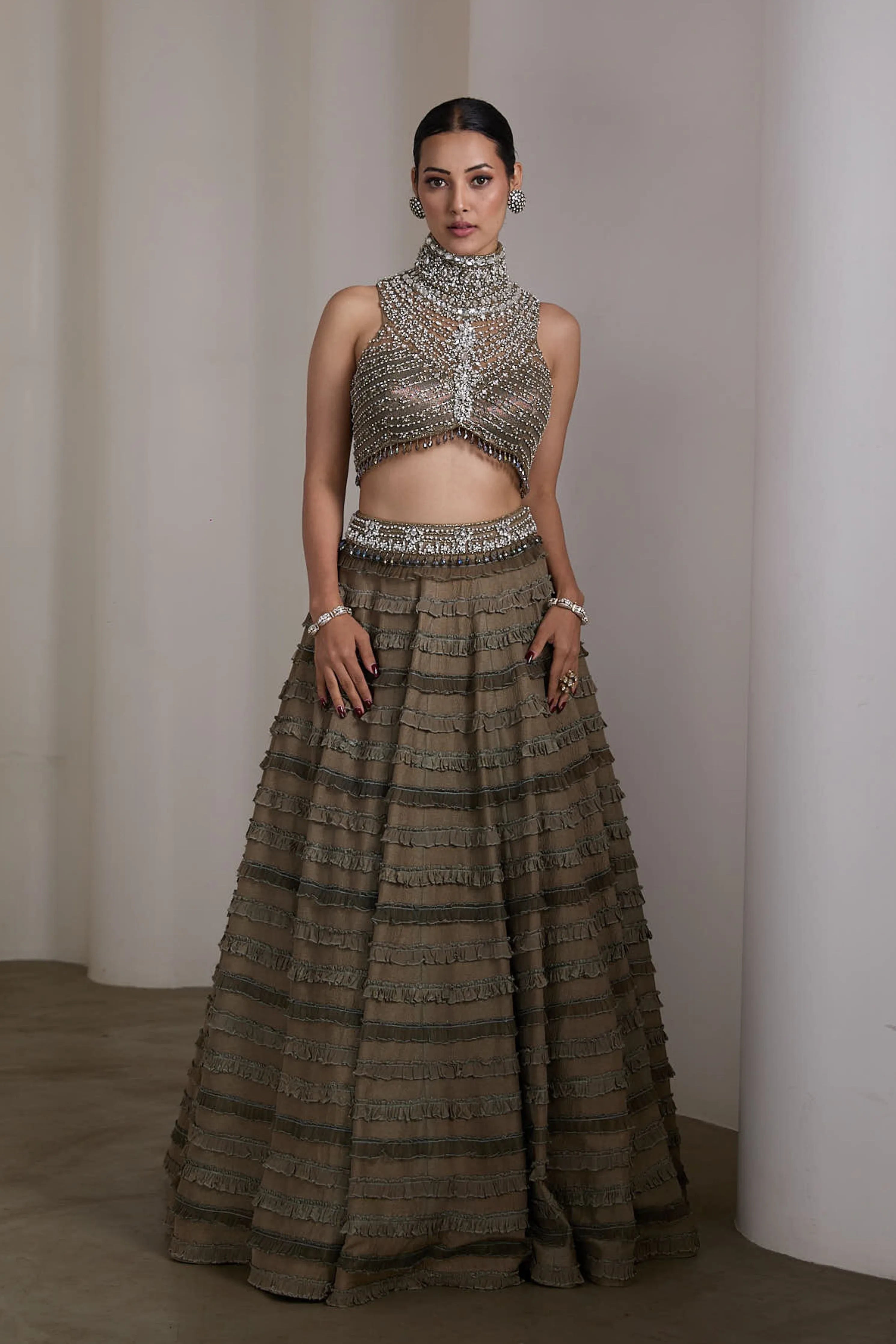Olive Ruffle Lehenga Set