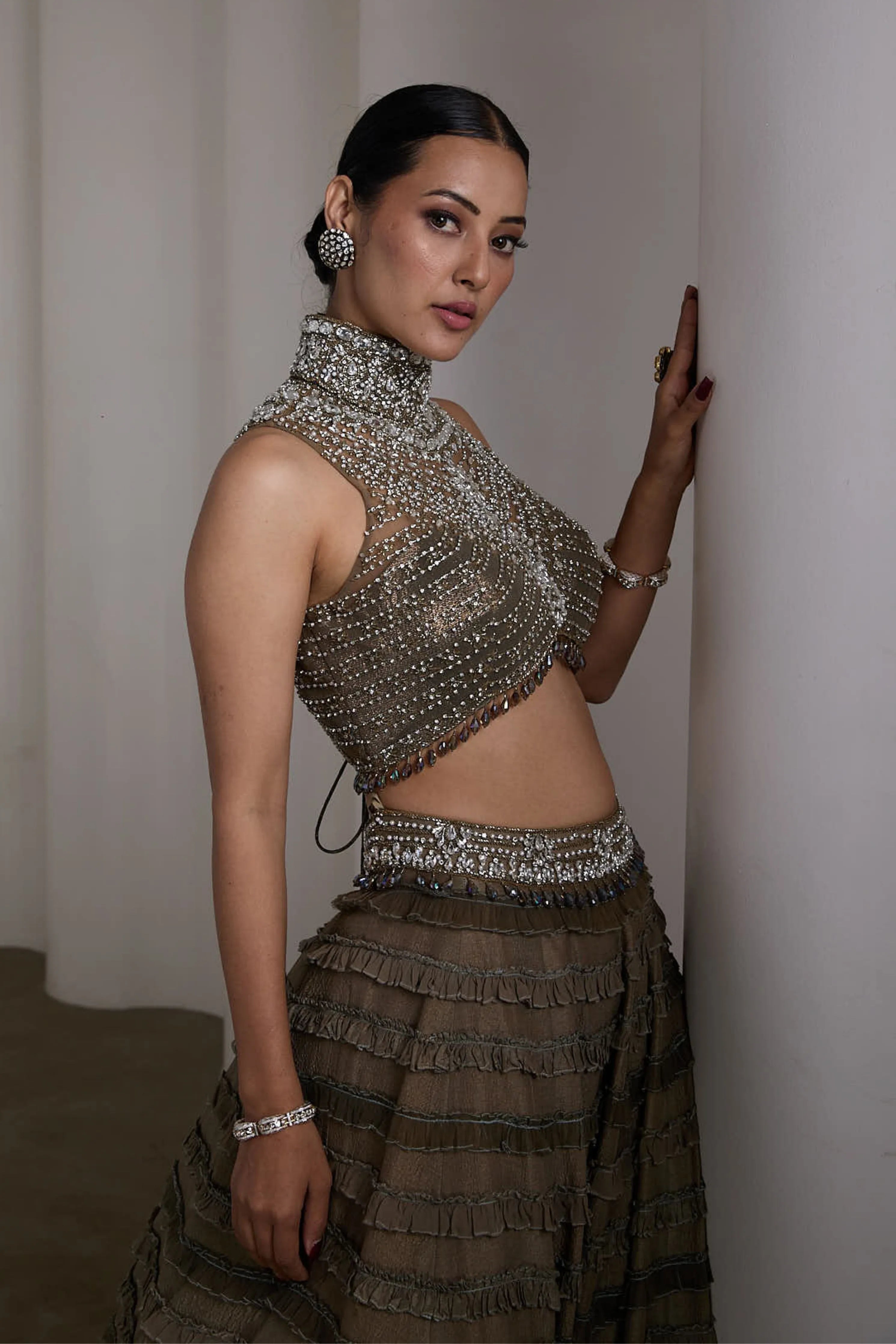 Olive Ruffle Lehenga Set