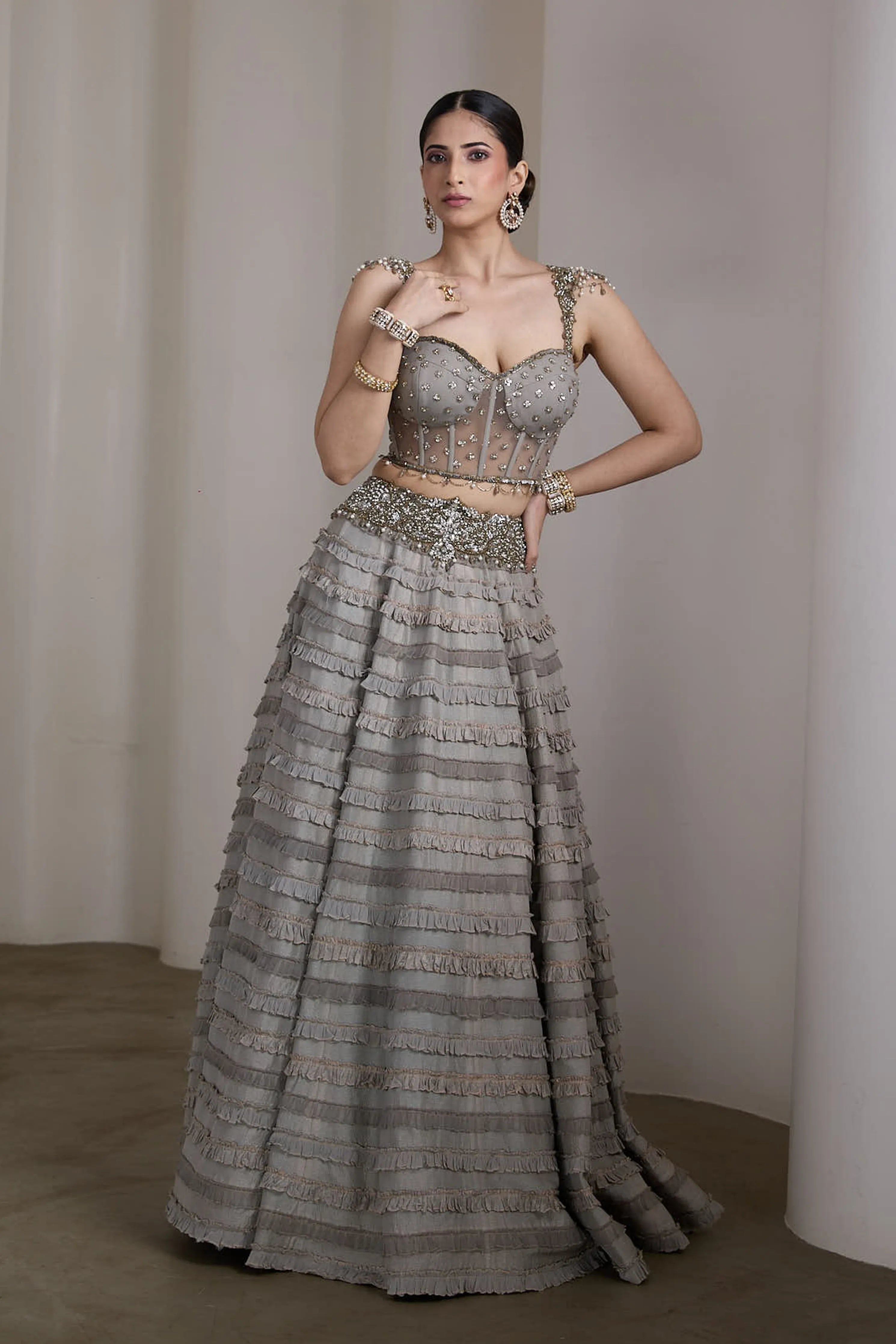 Grey Ruffle Lehenga Set