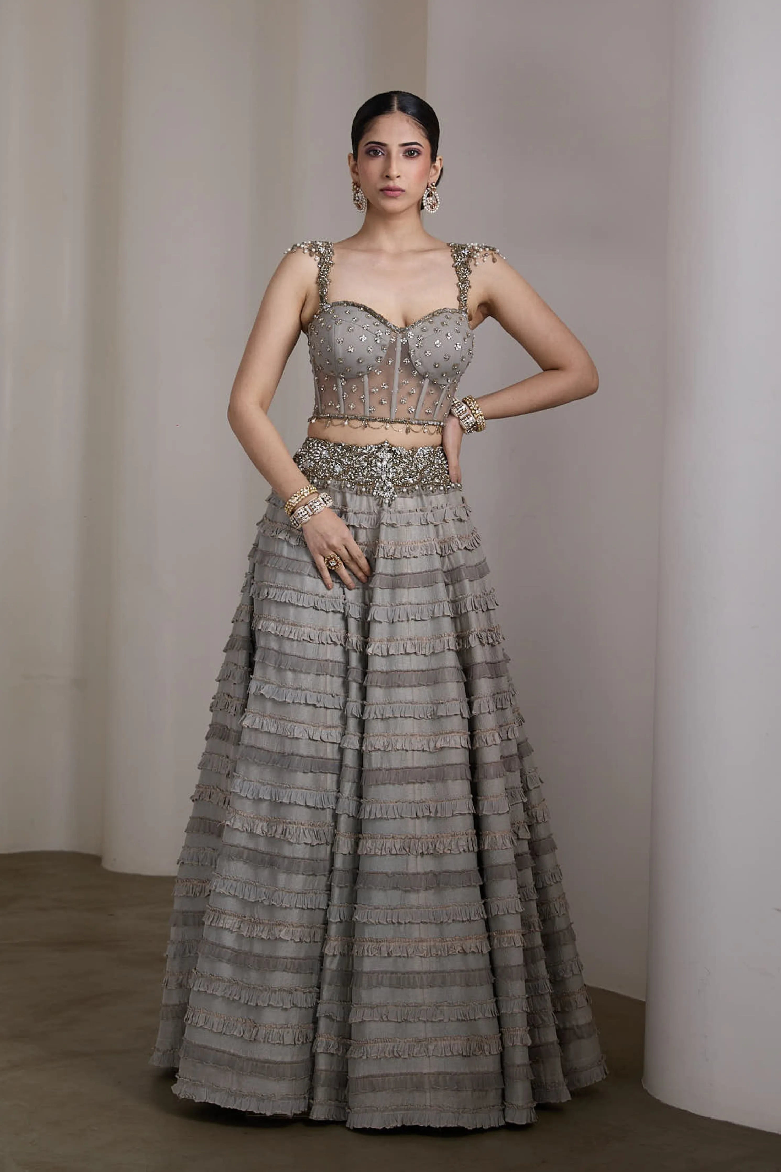 Grey Ruffle Lehenga Set