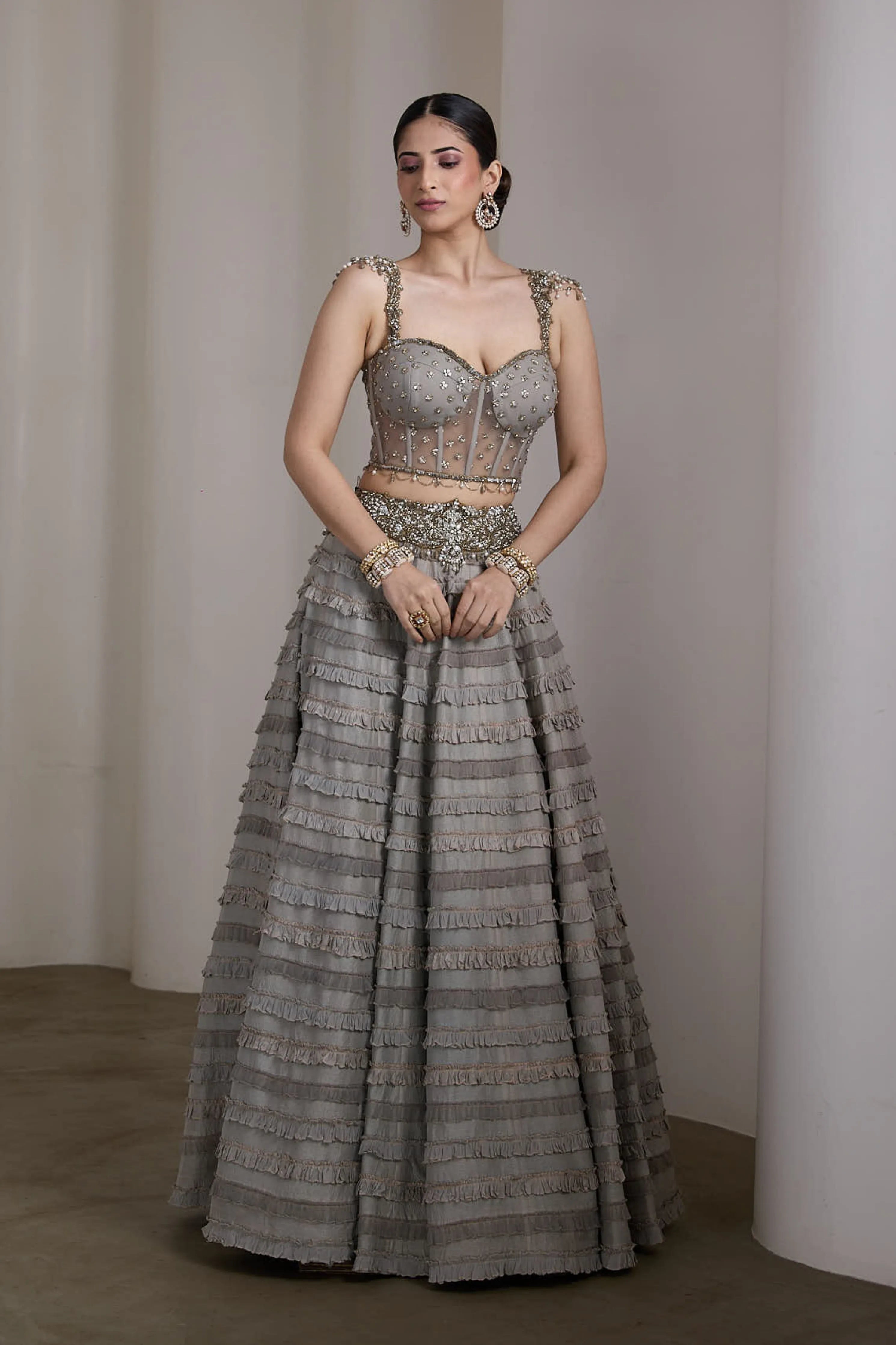 Grey Ruffle Lehenga Set
