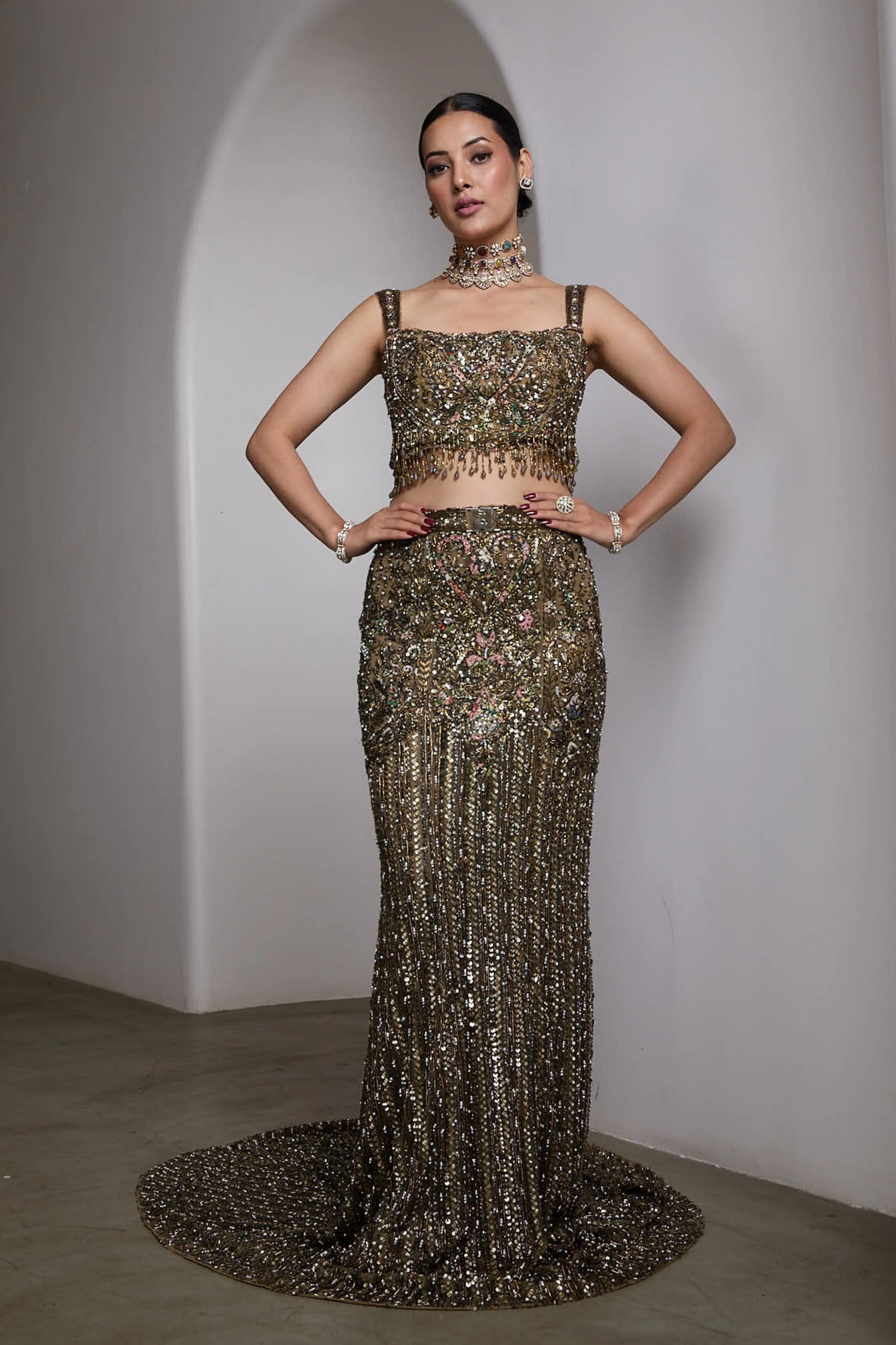 Green Fish Cut Lehenga Set