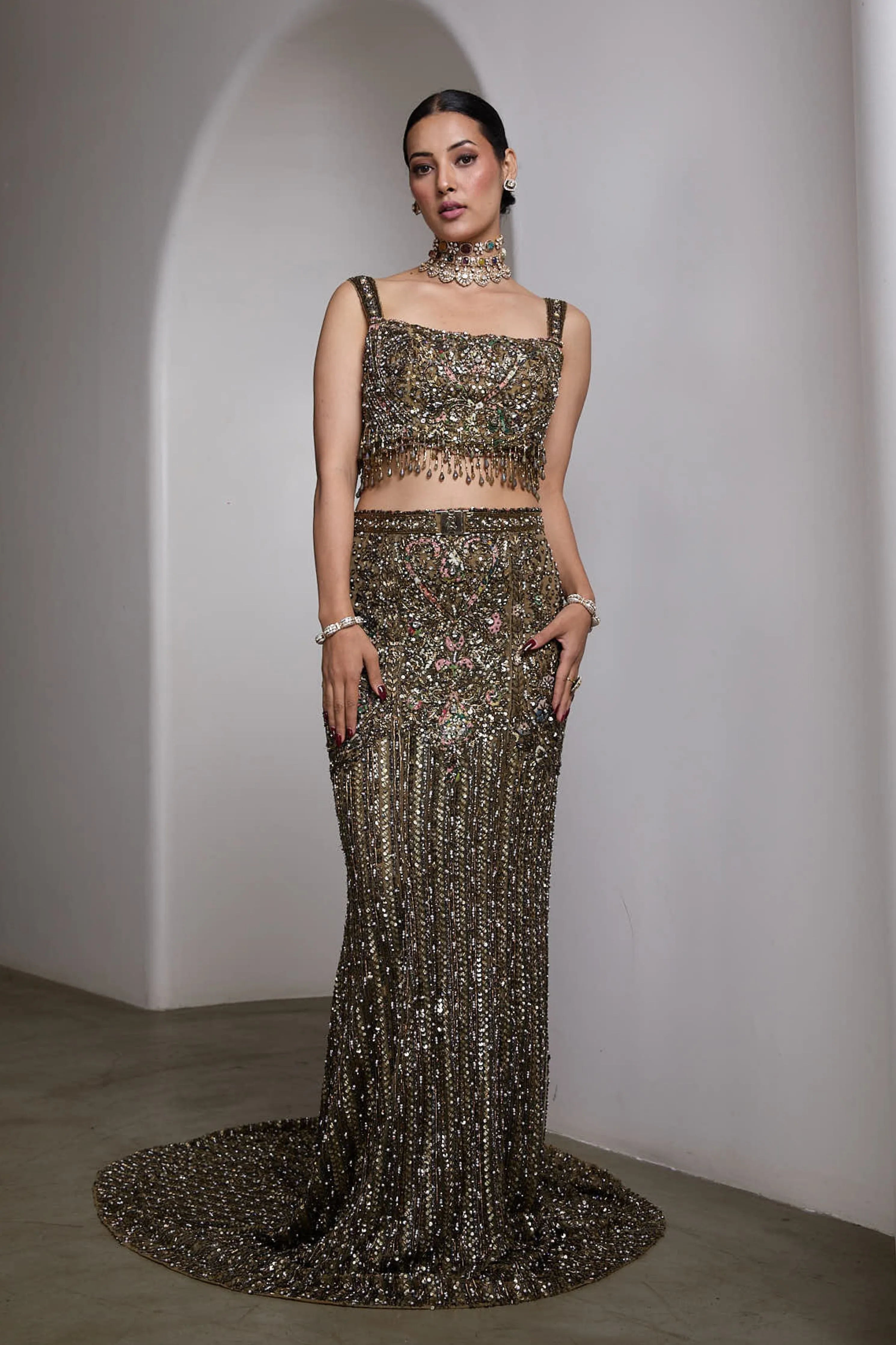 Green Fish Cut Lehenga Set