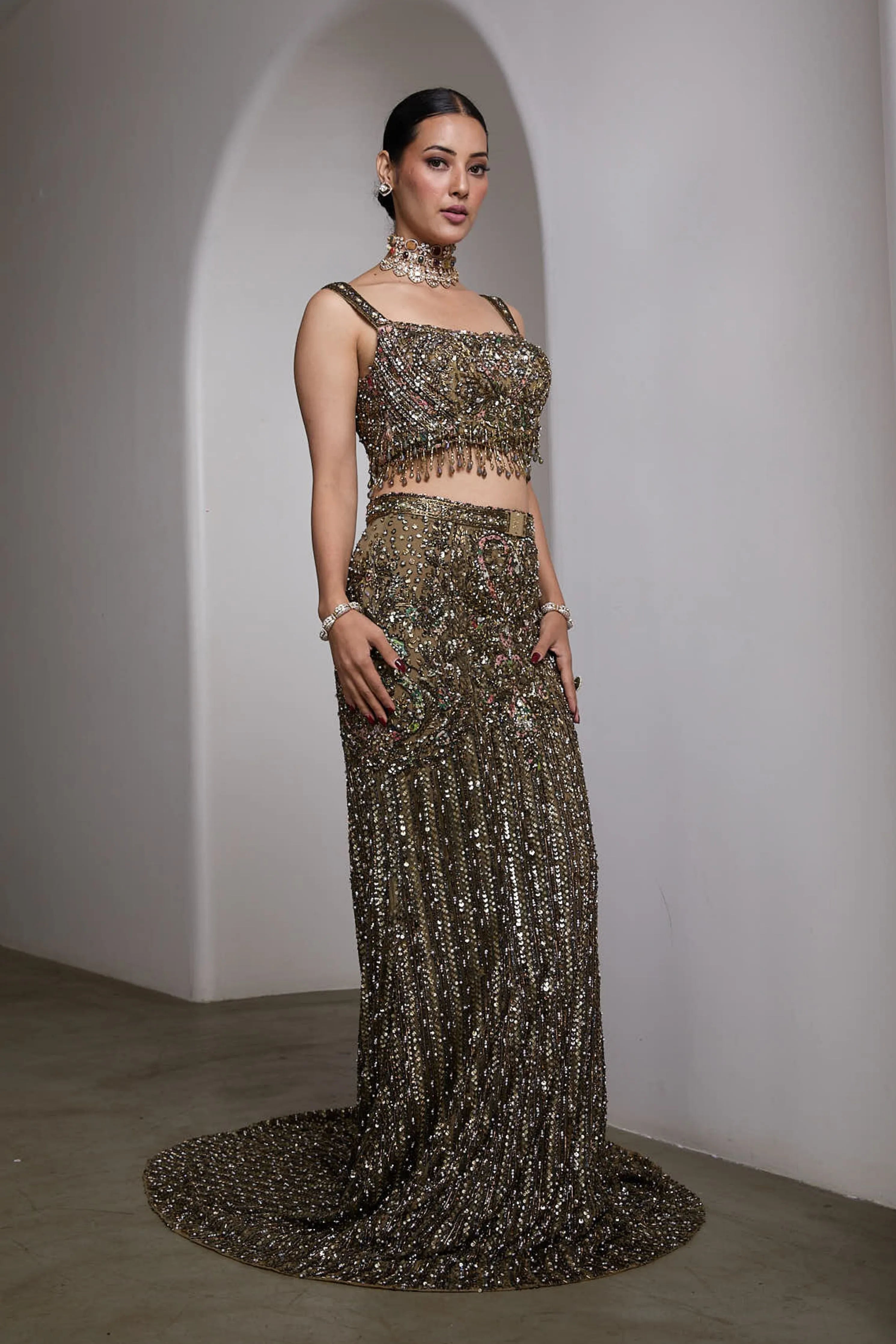 Green Fish Cut Lehenga Set