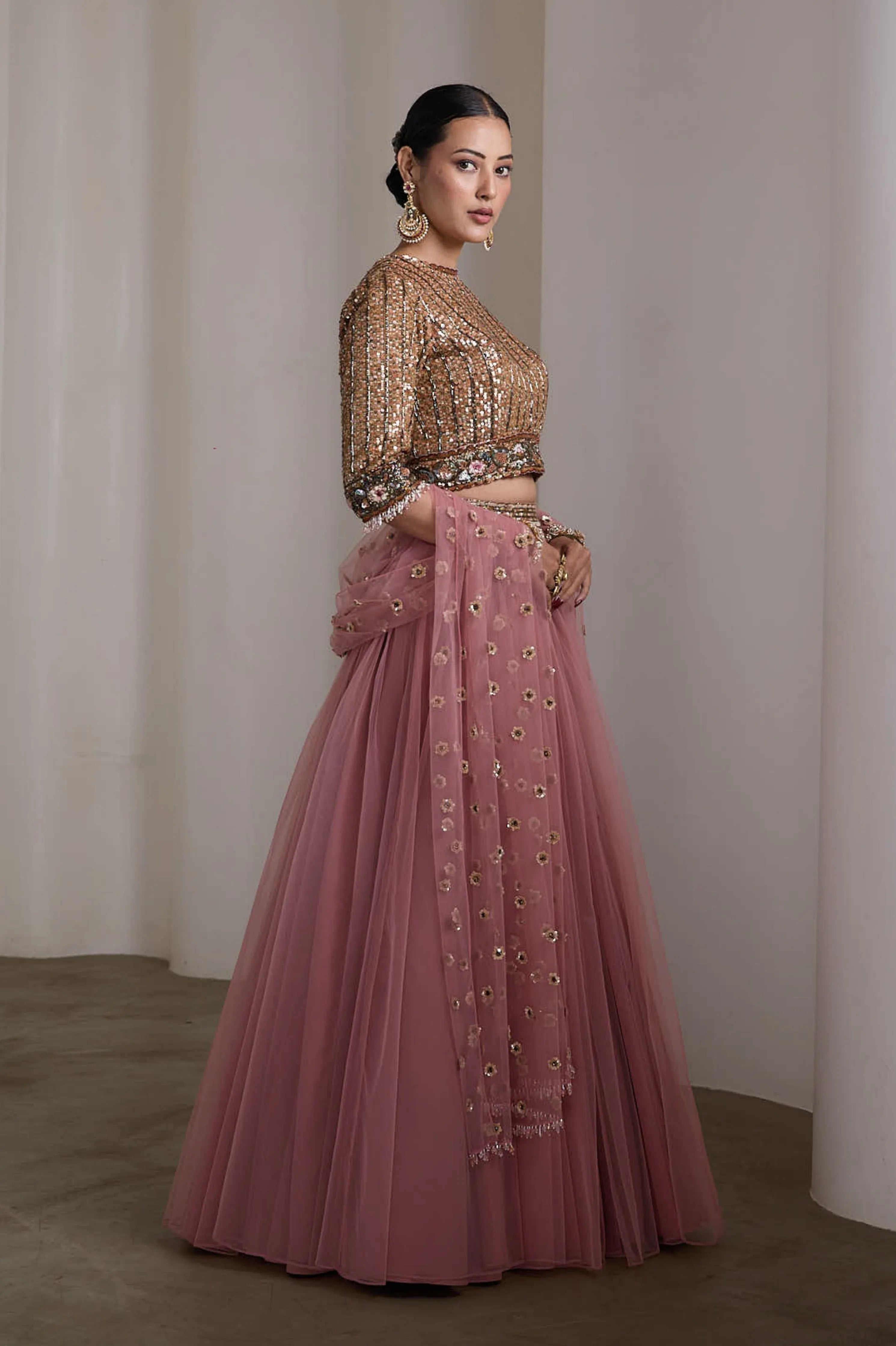 Sequin Embroidered Pink Lehenga Set