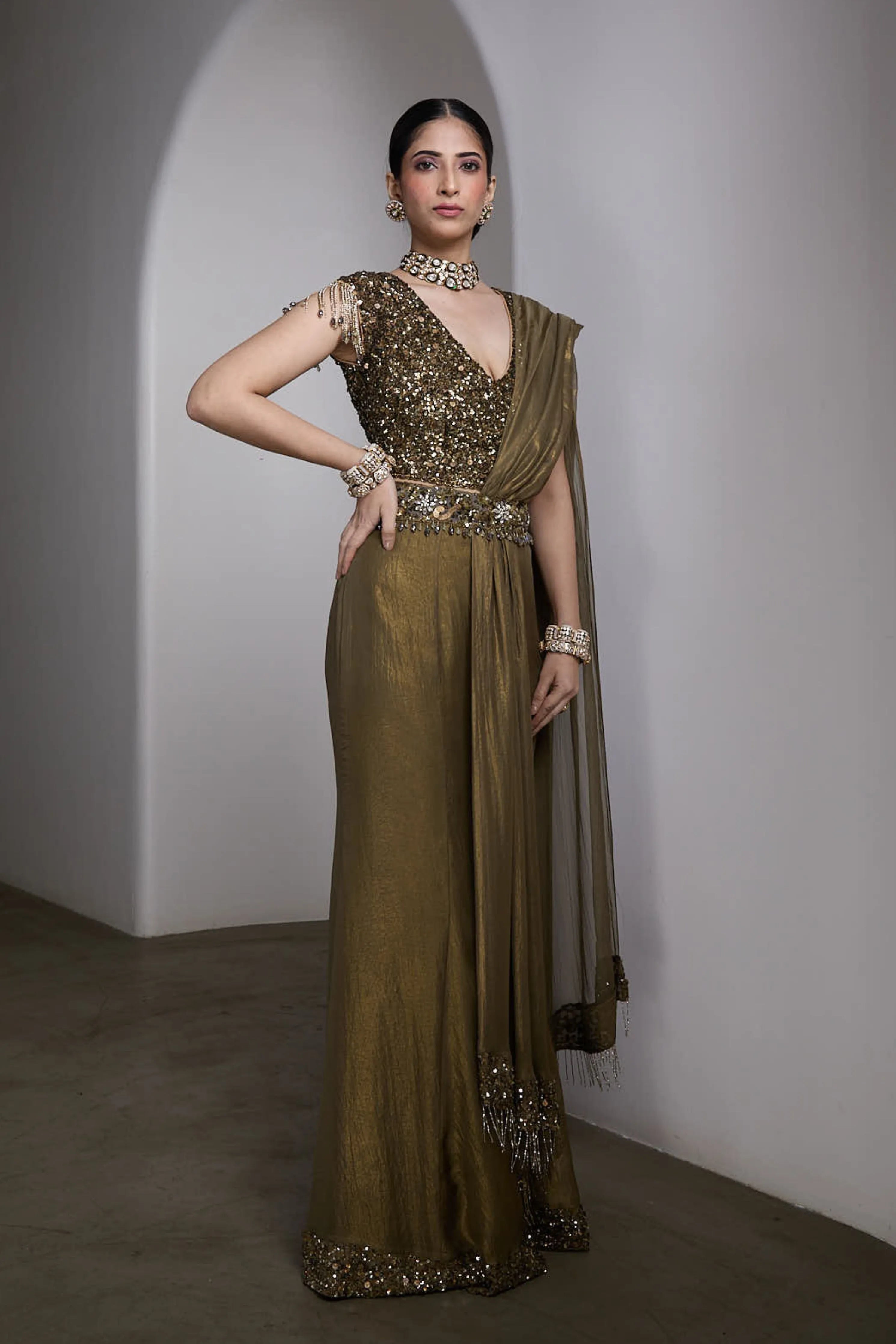 Olive-Gold Drapped Saree Set