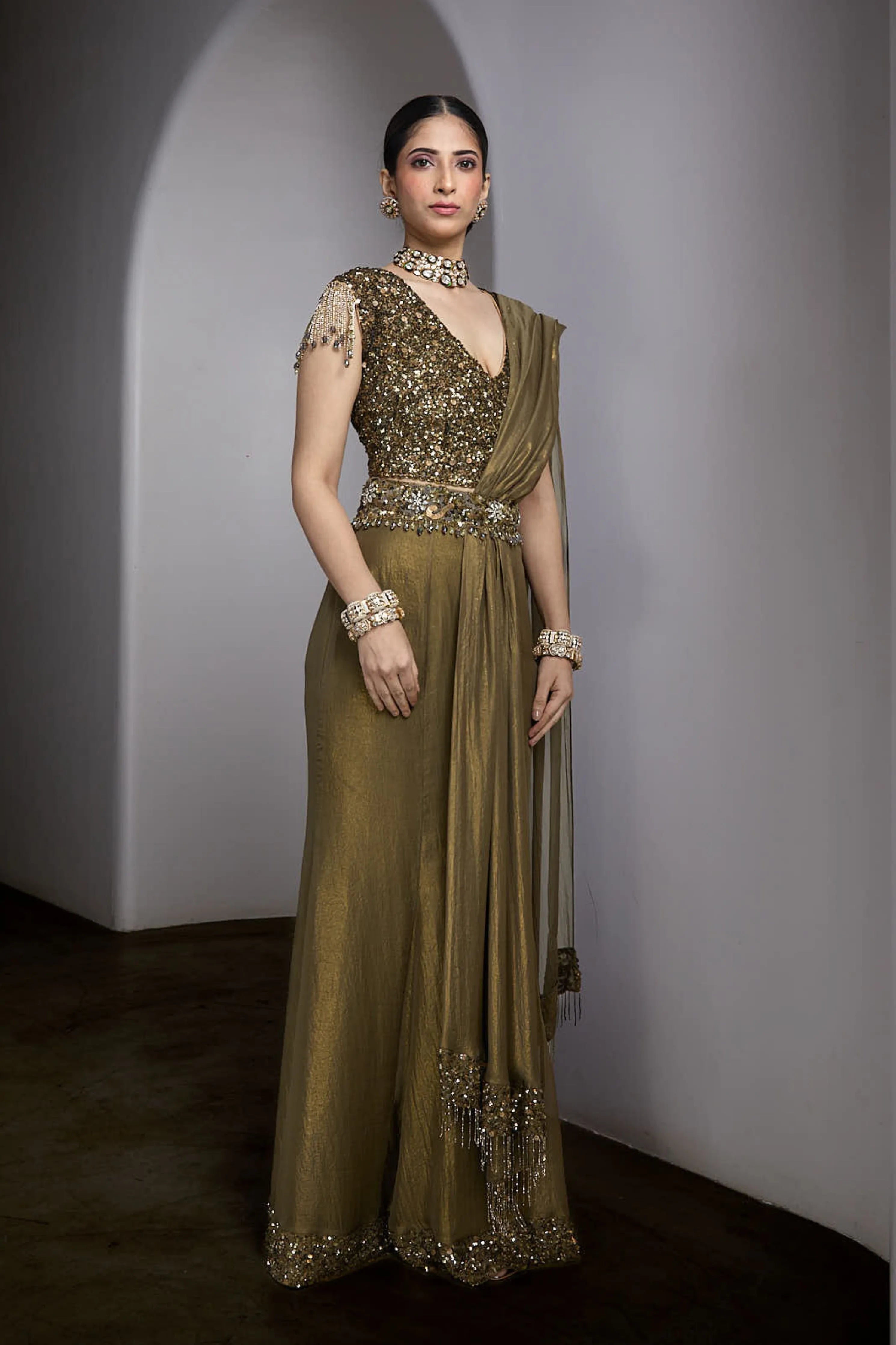 Olive-Gold Drapped Saree Set