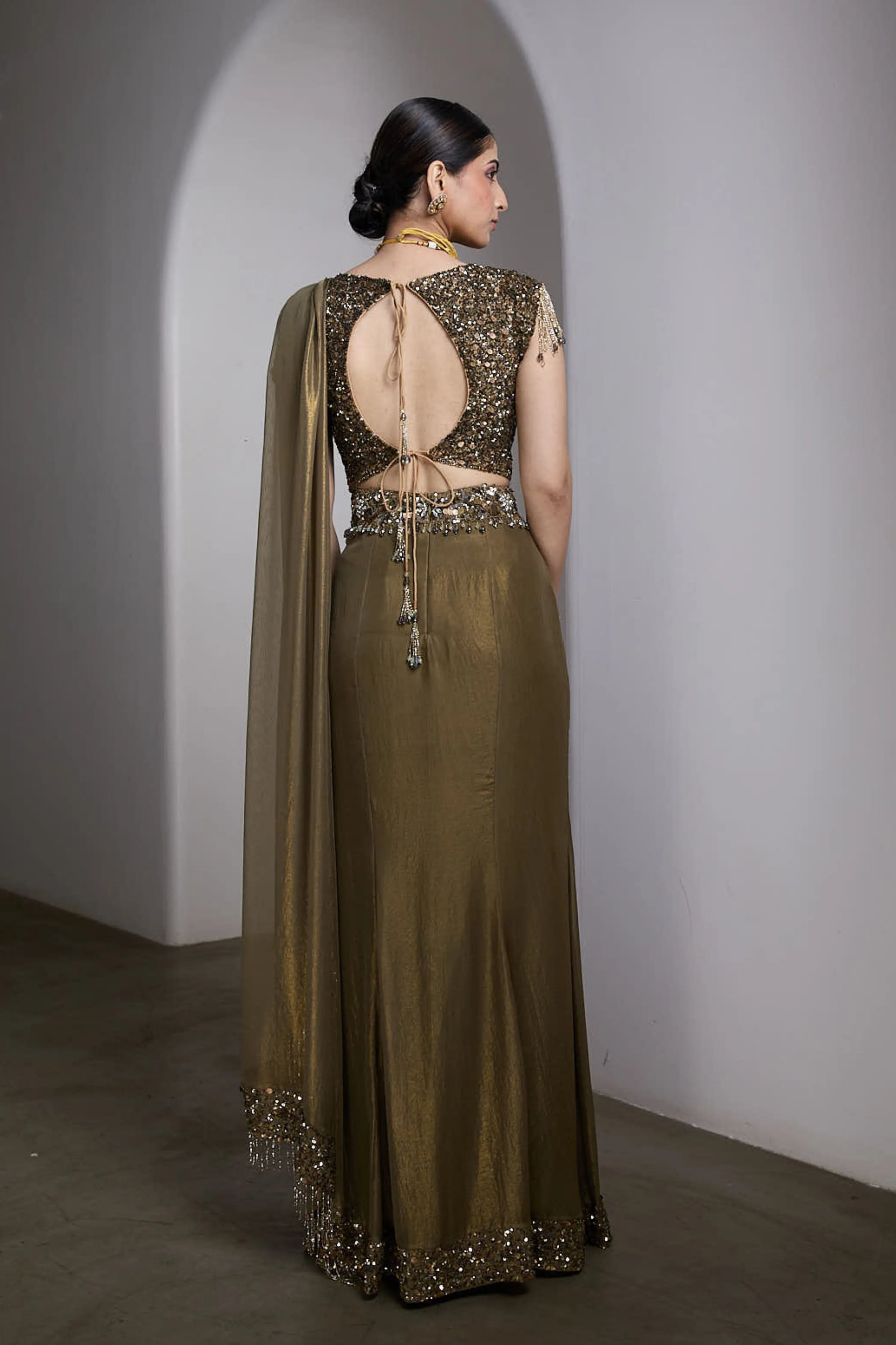 Olive-Gold Drapped Saree Set