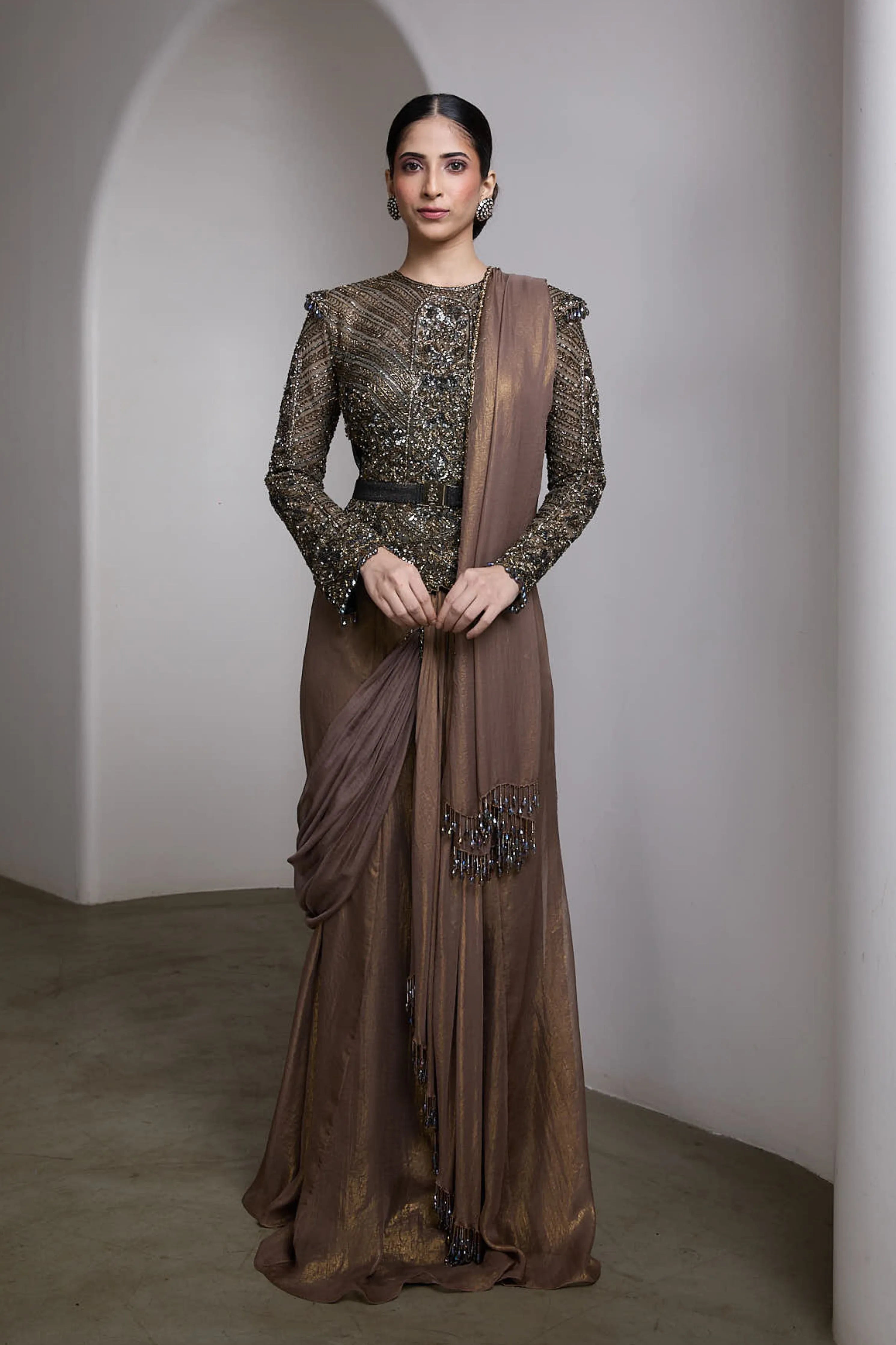 Nude Drapped Saree Set