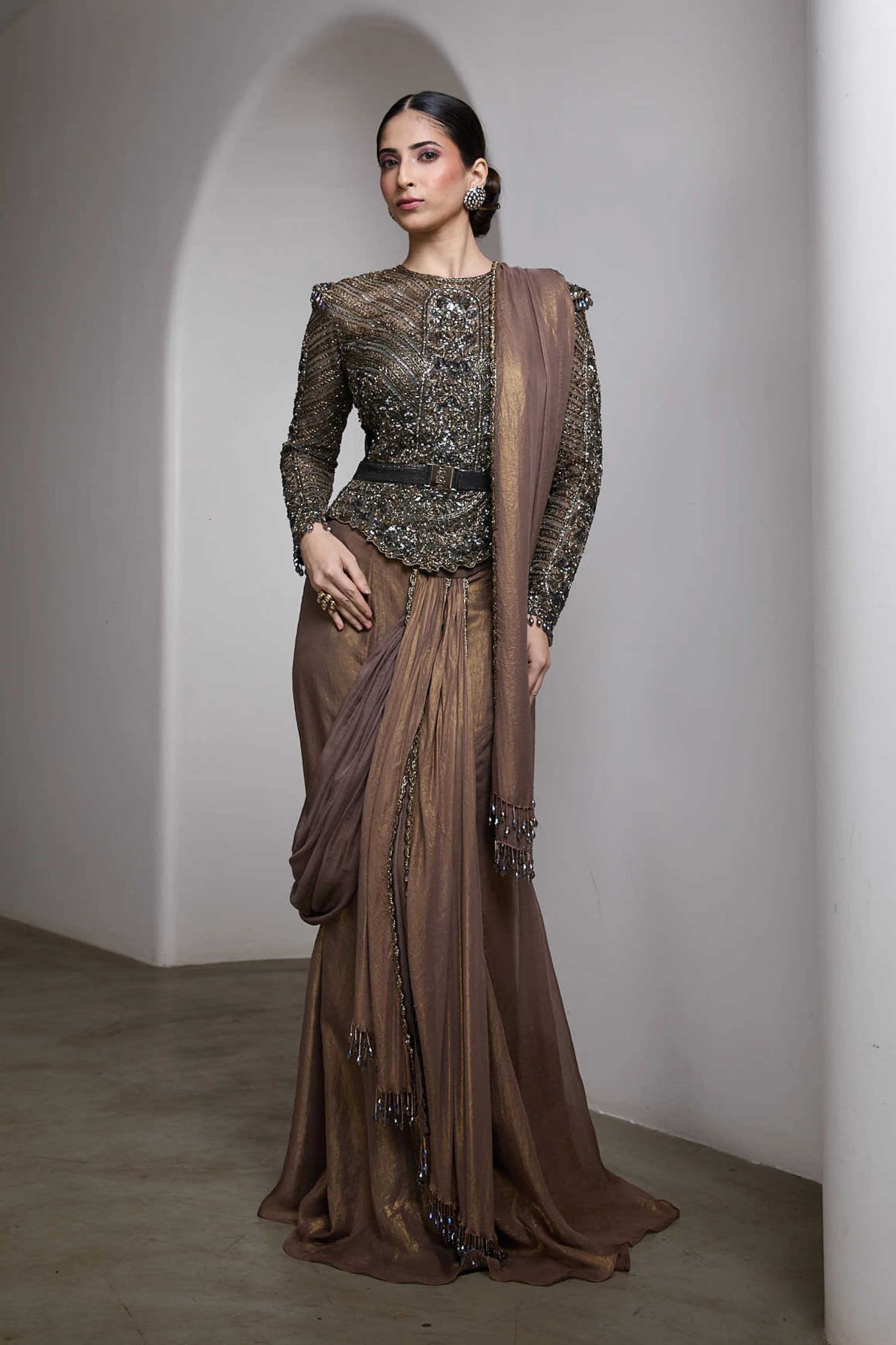 Nude Drapped Saree Set