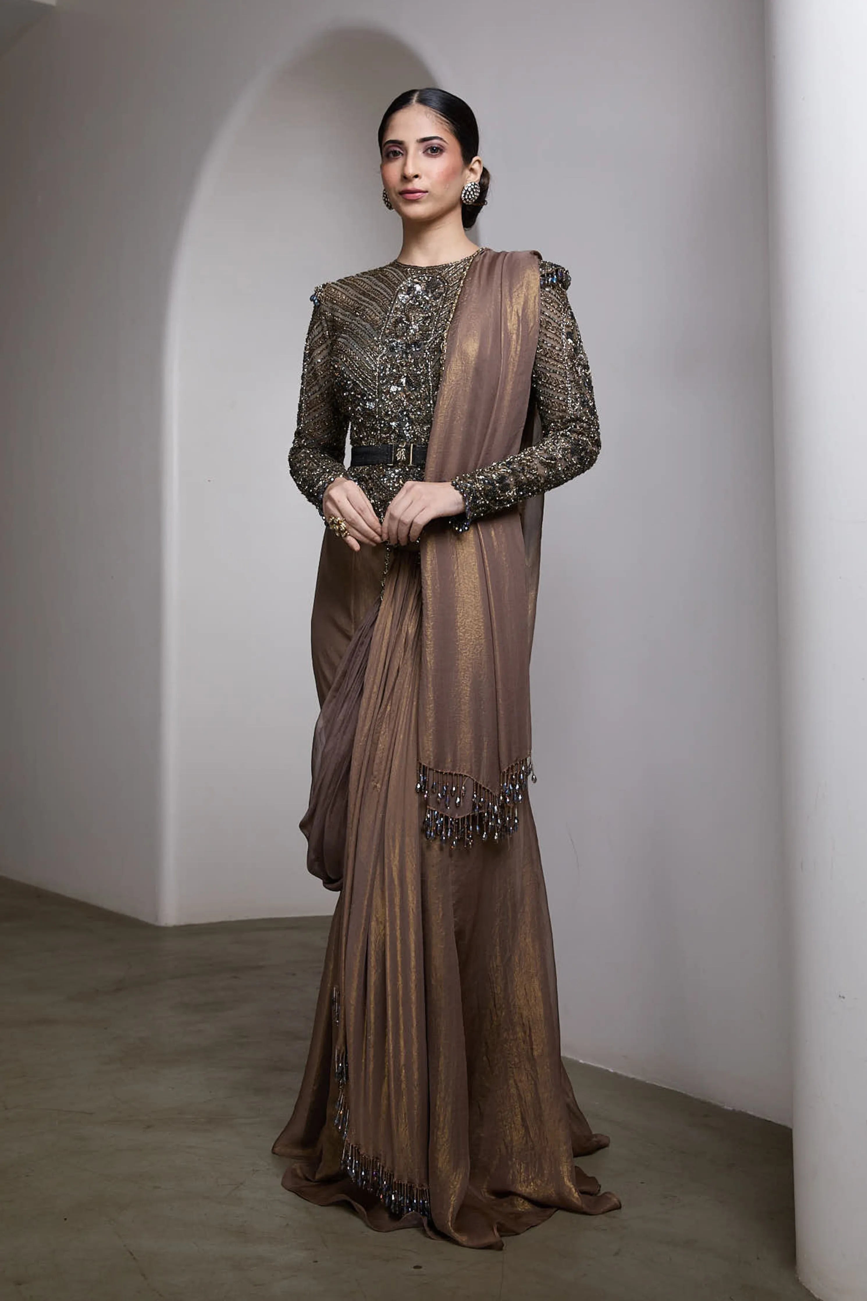 Nude Drapped Saree Set