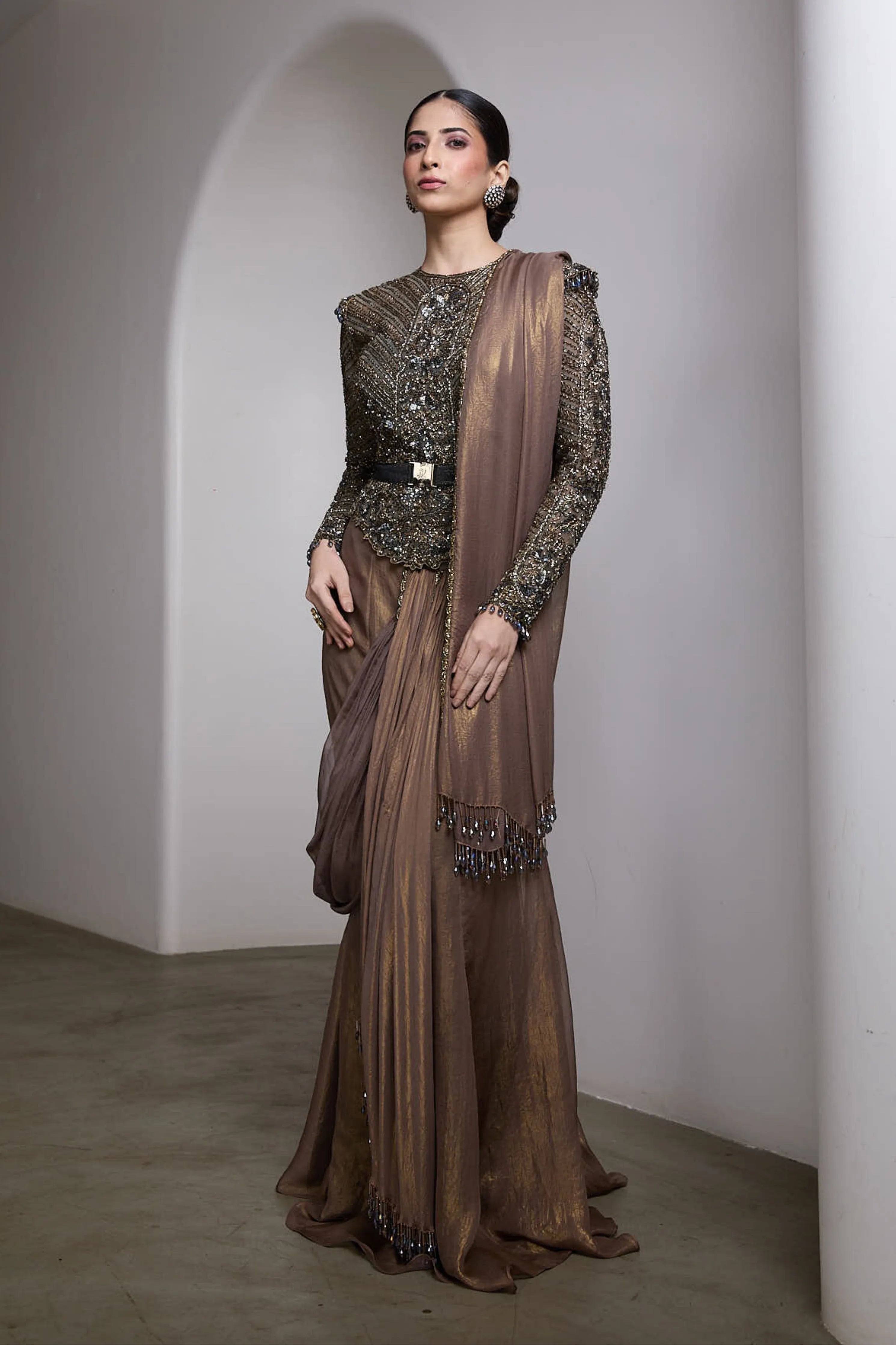 Nude Drapped Saree Set