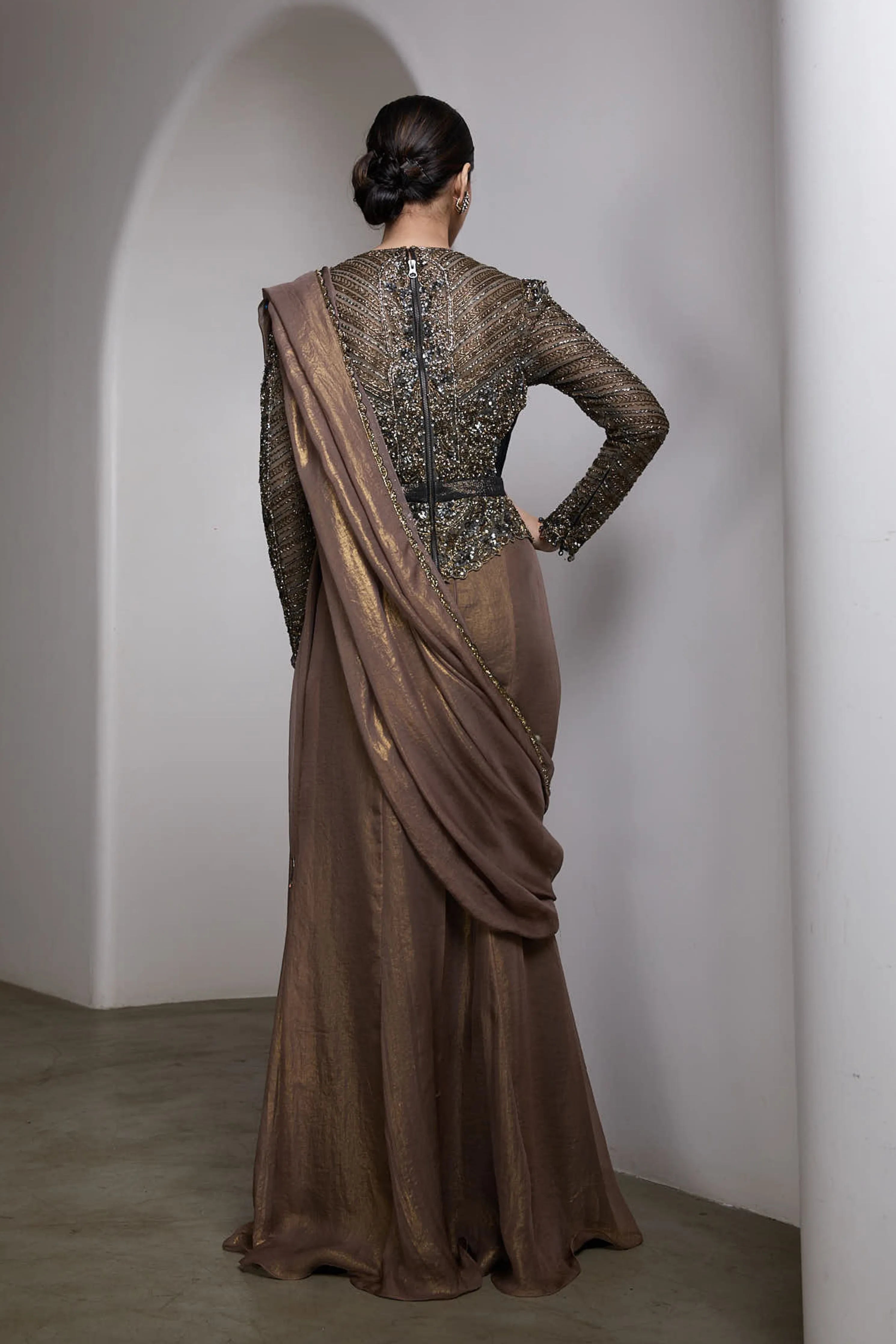 Nude Drapped Saree Set