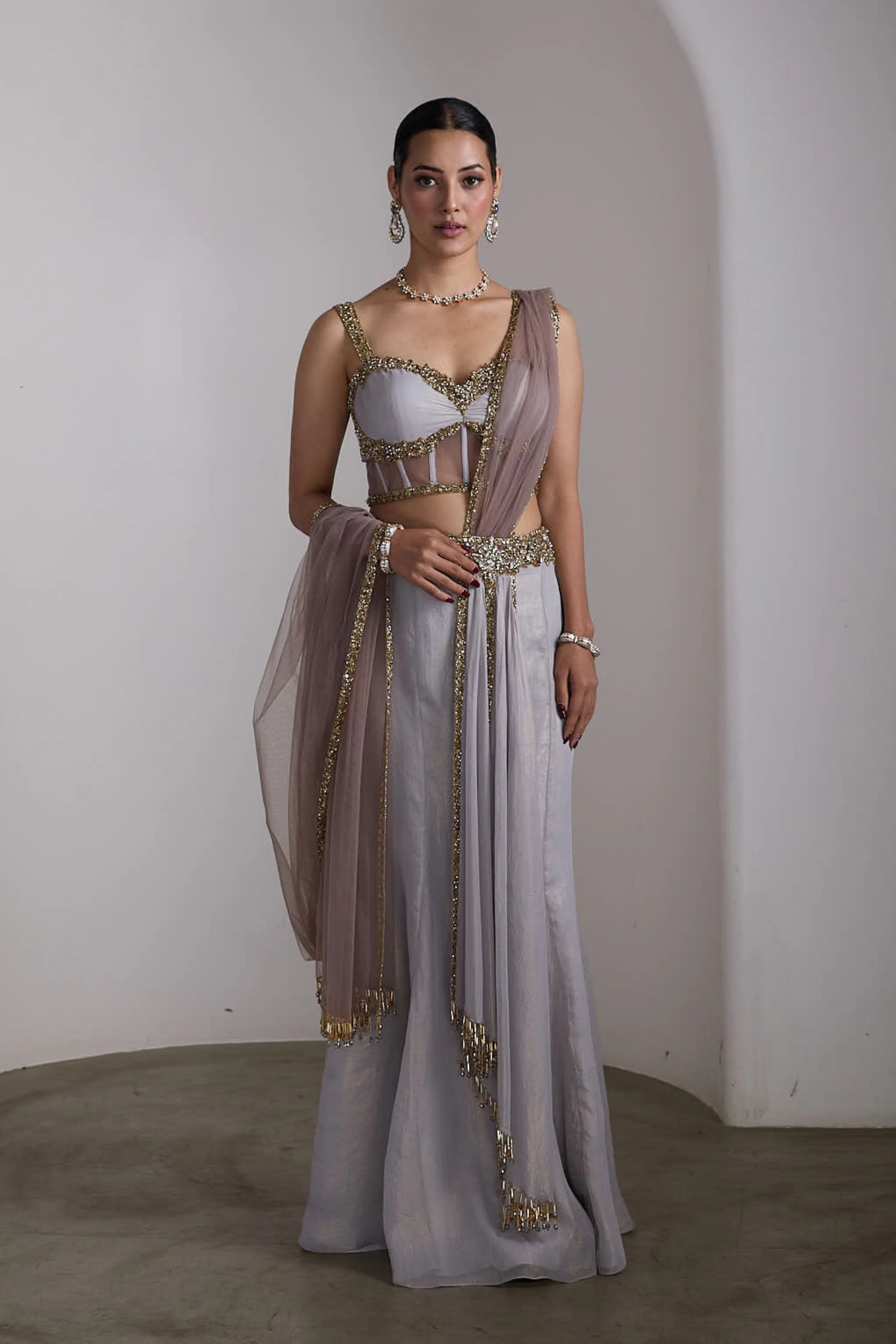 Grey Corset Fit Saree Set