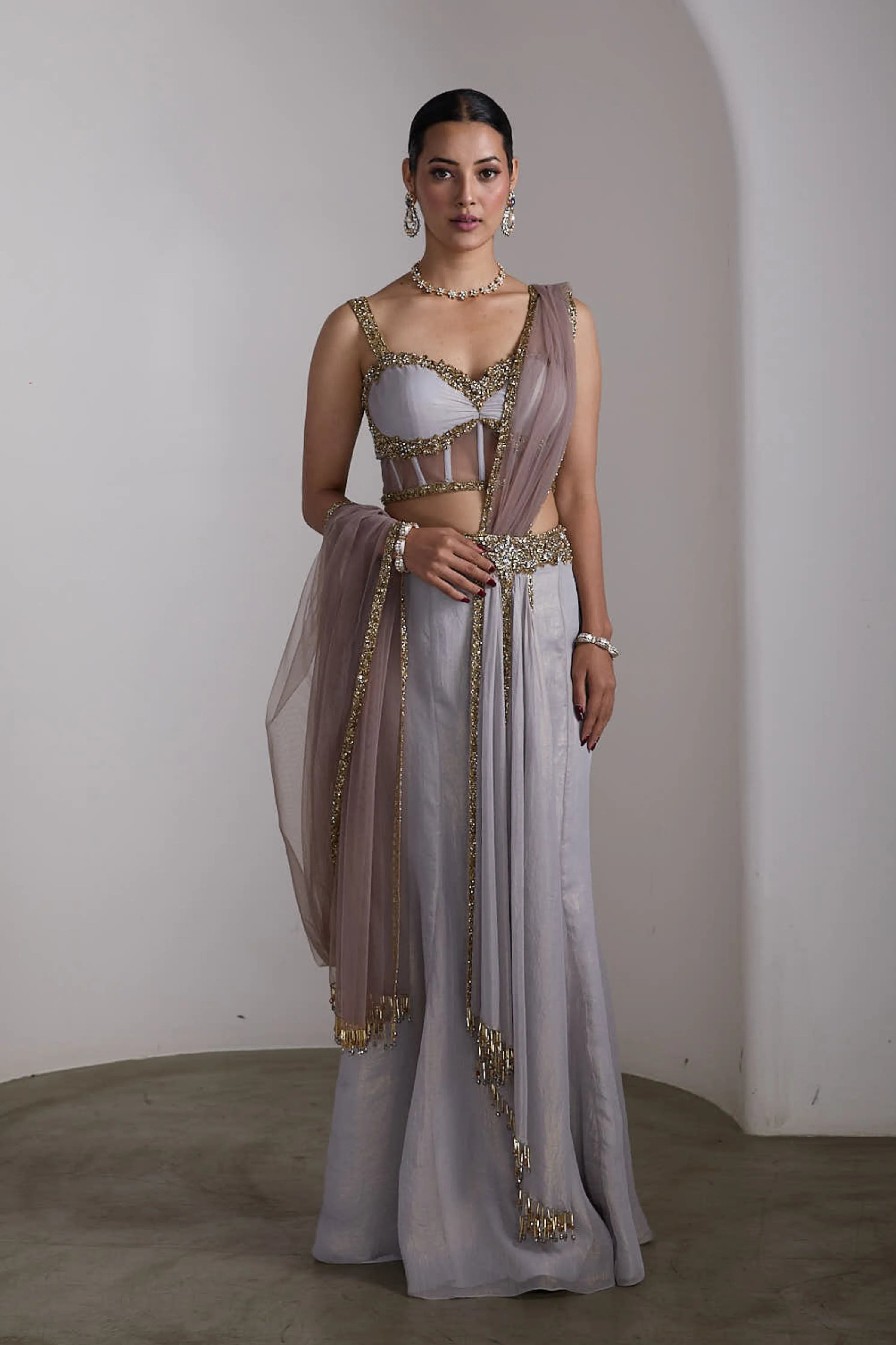 Grey Corset Fit Saree Set