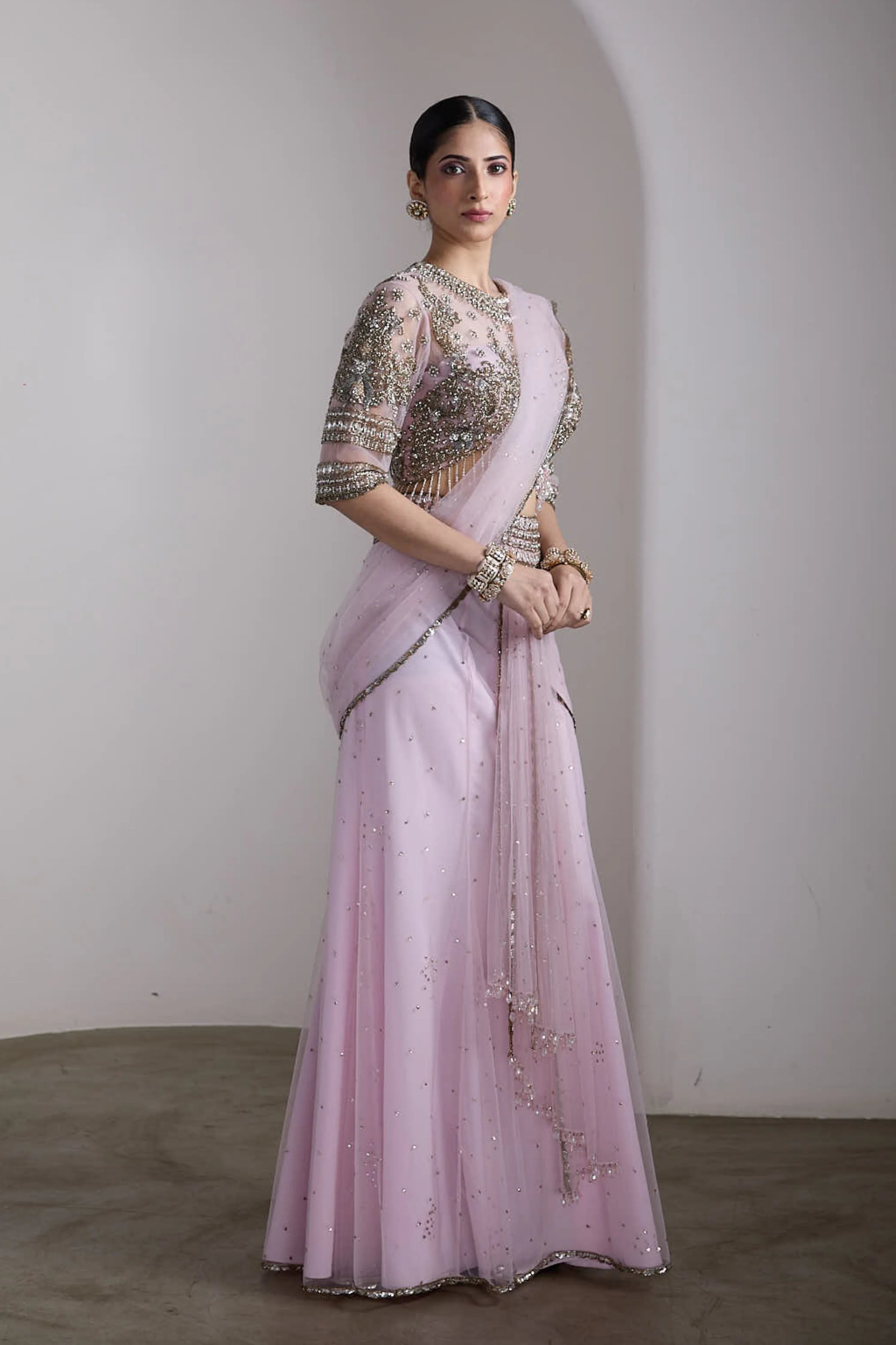 Pink Drapped Saree Set